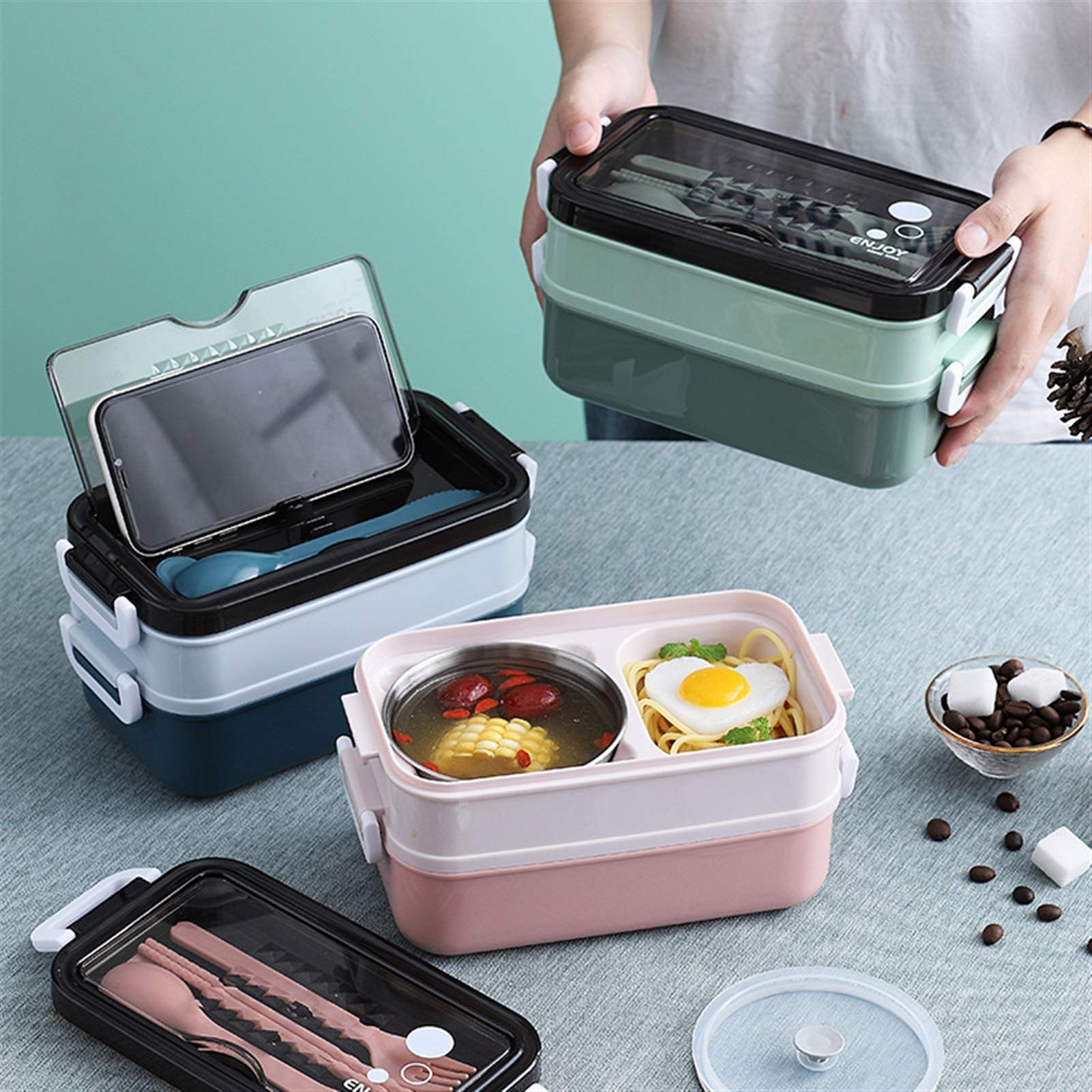 Fiambrera Caja de Almuerzo Caja de Almuerzo portátil Double Eco-Friendly Camping Comida Contenedor Cuchara Tenedor Chopsticks Cubiertos Conjunto de vajillas (Color : Green)
