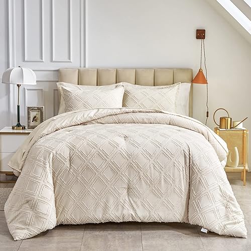 Miniatura 4 de 7 Pieces Tufted Bed in a Bag Queen Comforter Set with Sheets Beige, Soft and Embroidery Shabby Chic Boho Bohemian, Luxury Solid Color with Diamond