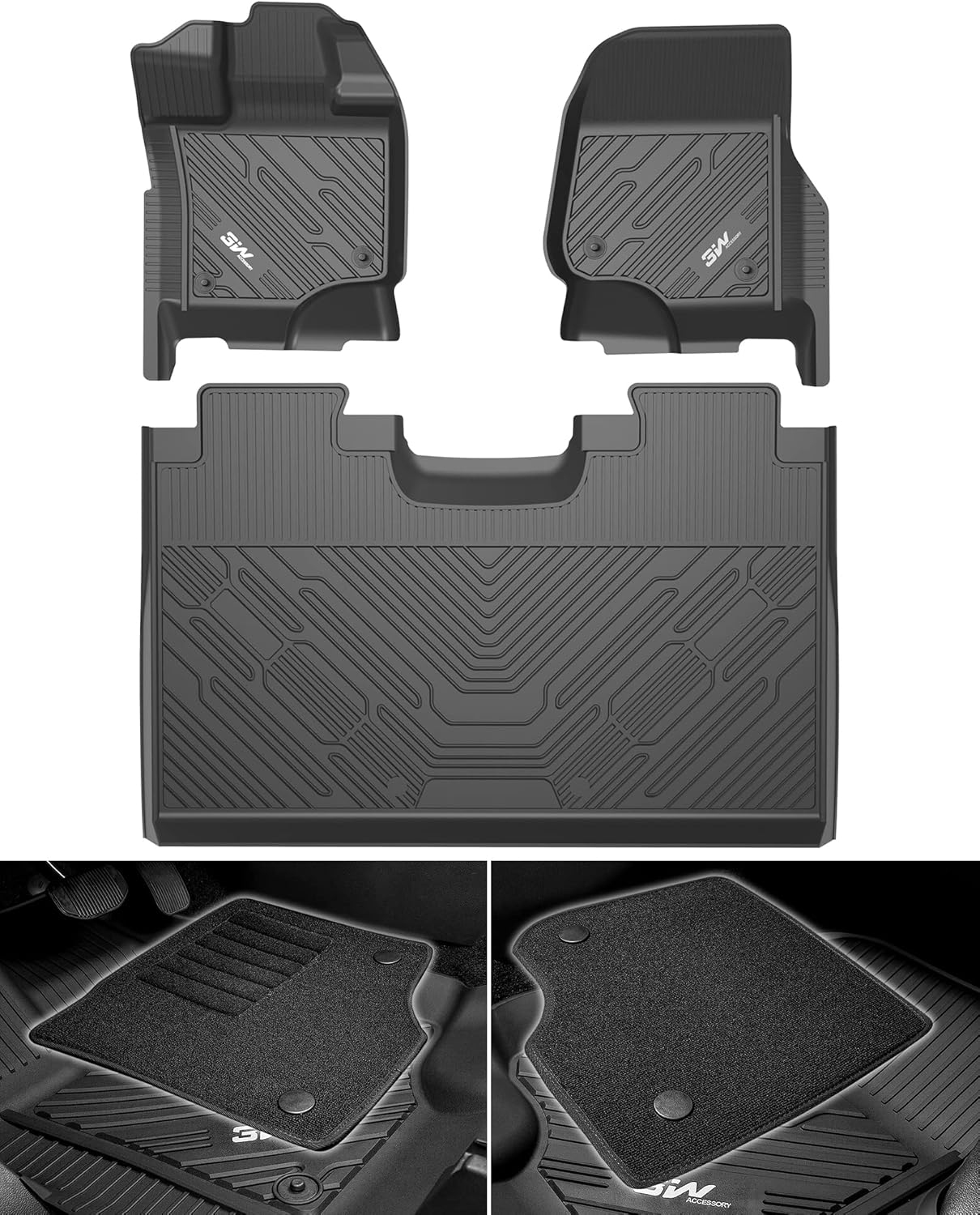 3W Floor Mats & Front Carpet Fit for Ford F150/F-150 Lighting SuperCrew Cab 2015-2024, TPE All Weather Accessories Custom Fit Full Set Pick-up Truck Car Liners (Cut to Fit with Under-Seat Storage) 2015-2024 Floor Mats & Front Carpet