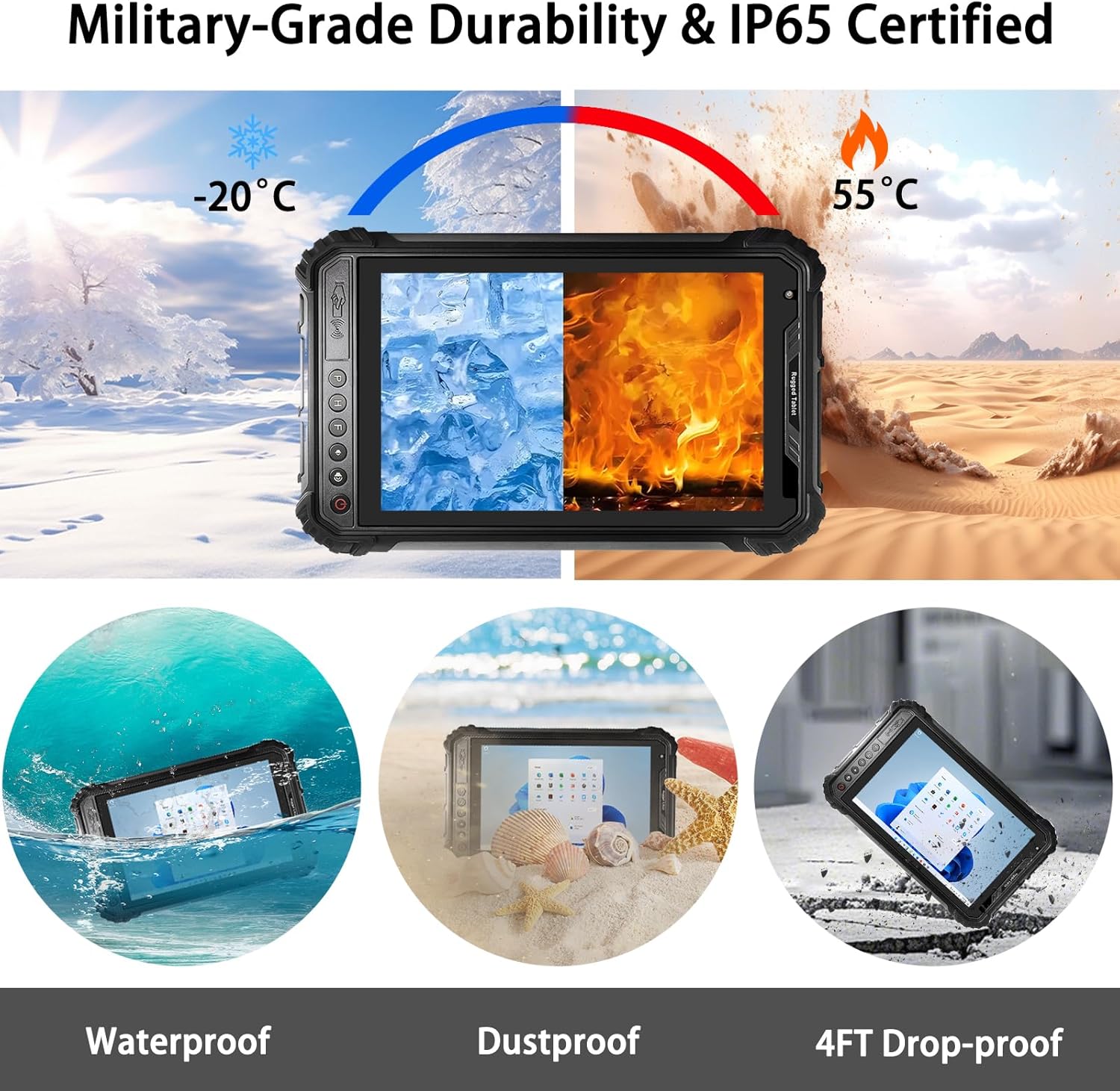 Diagram showing various ports and features of the Breloom ST9-J Rugged Tablet including USB, HDMI, microphone, camera, speaker, and optional modules