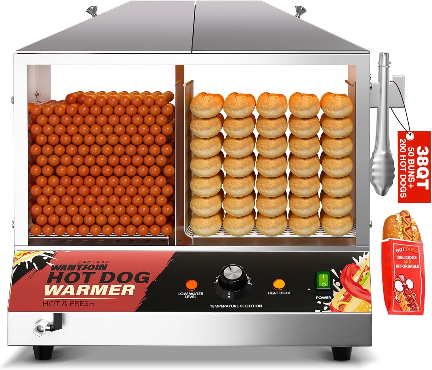 WantJoin Commercial Hot Dog Steamer - 38QT/36L Electric Hot Dog Steamer and Bun Warmer, Stainless Steel Hot Dog Cabinet with Tempered Glass 200-275 Sausages & 40-45 Buns
