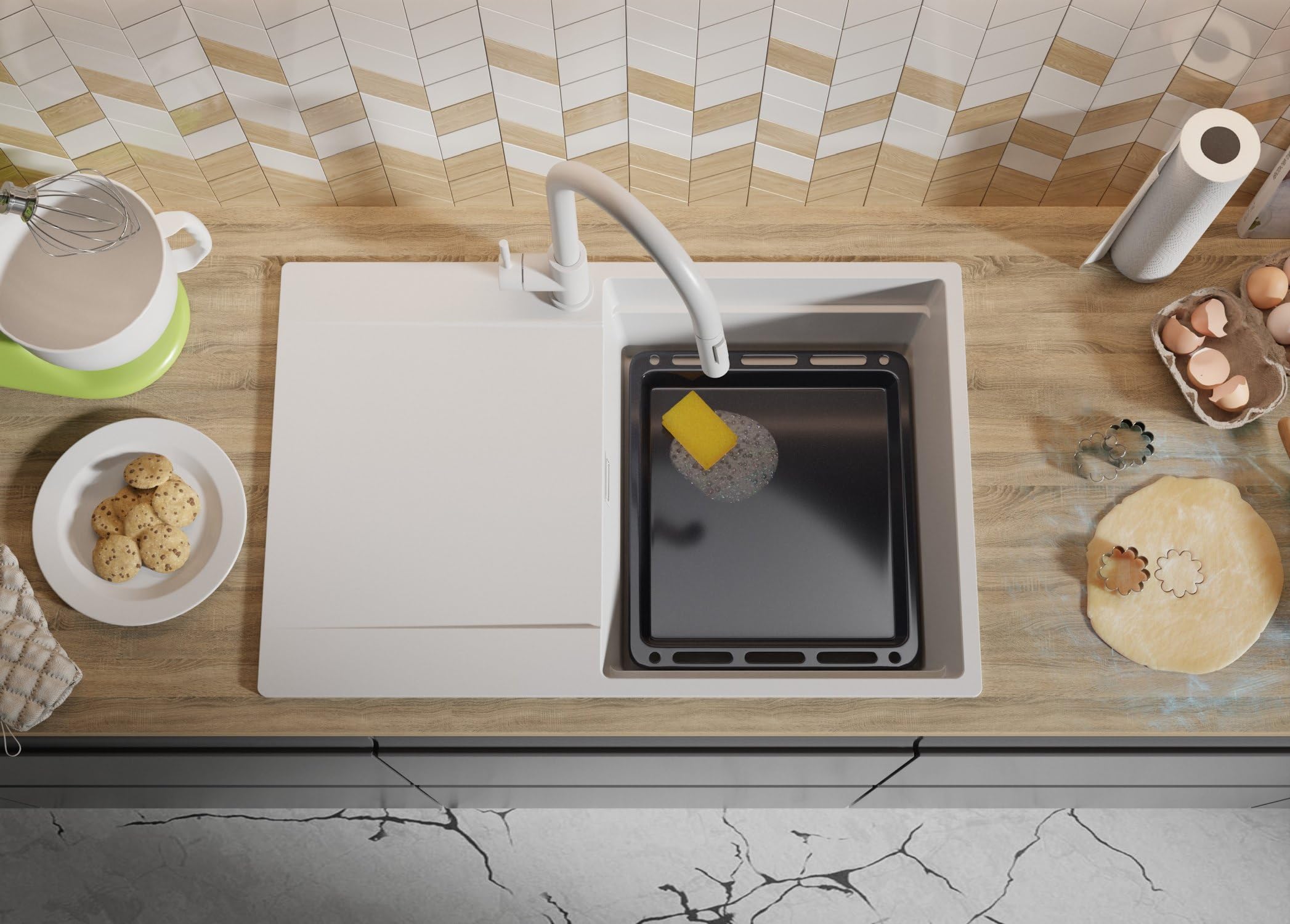 PRIMAGRAN Lavello da Cucina Bianco 78x50cm, Lavandino in Granito a 1 vasca + Sifone Classico, Lavabo da Cucina Incasso al Mobile 50cm - San Francisco Level S002