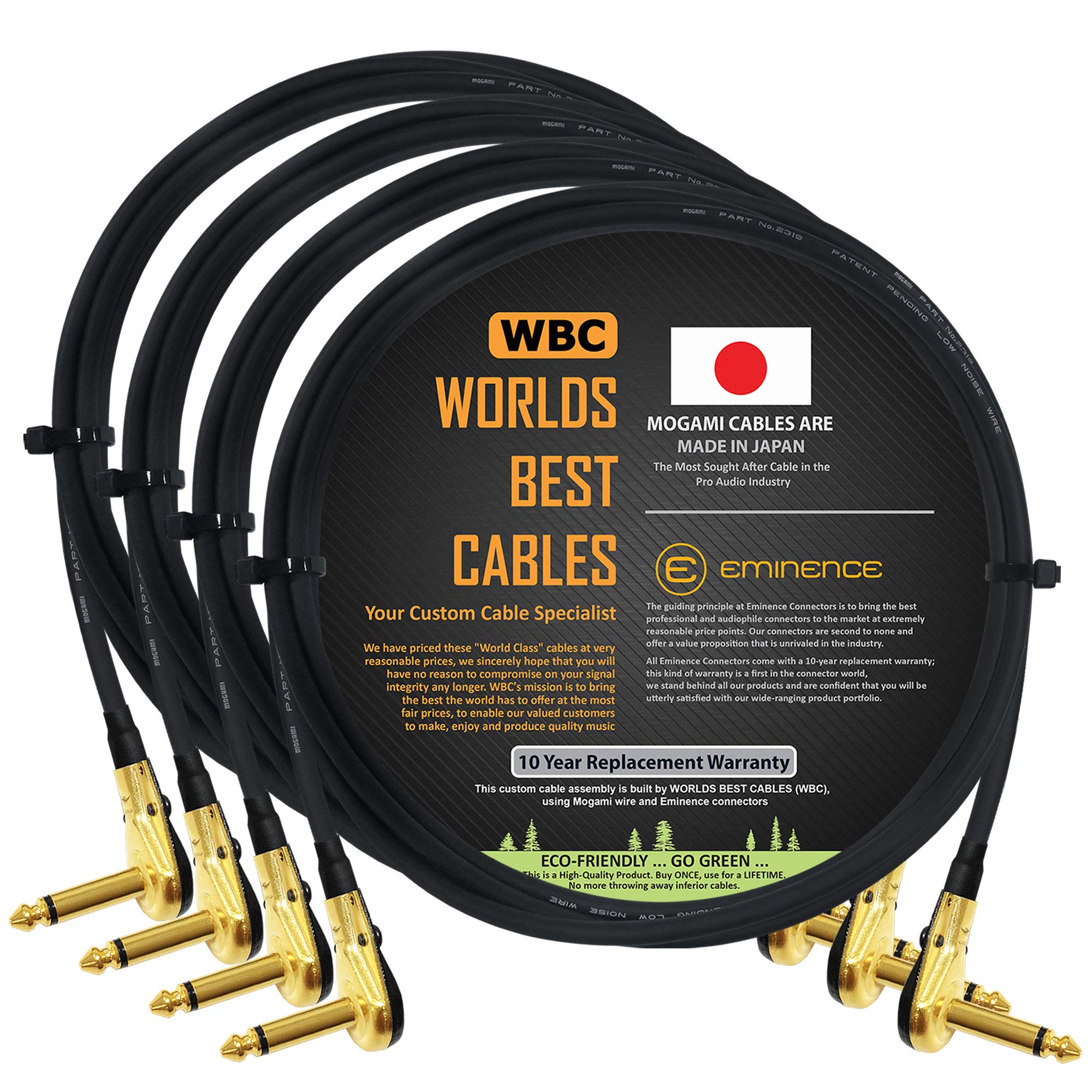 4 unités – Mogami 2319–91 cm (0,9 m) – Instrument effets câble patch avec Plaqué or, profil bas, Pancake à angle droit type TS C