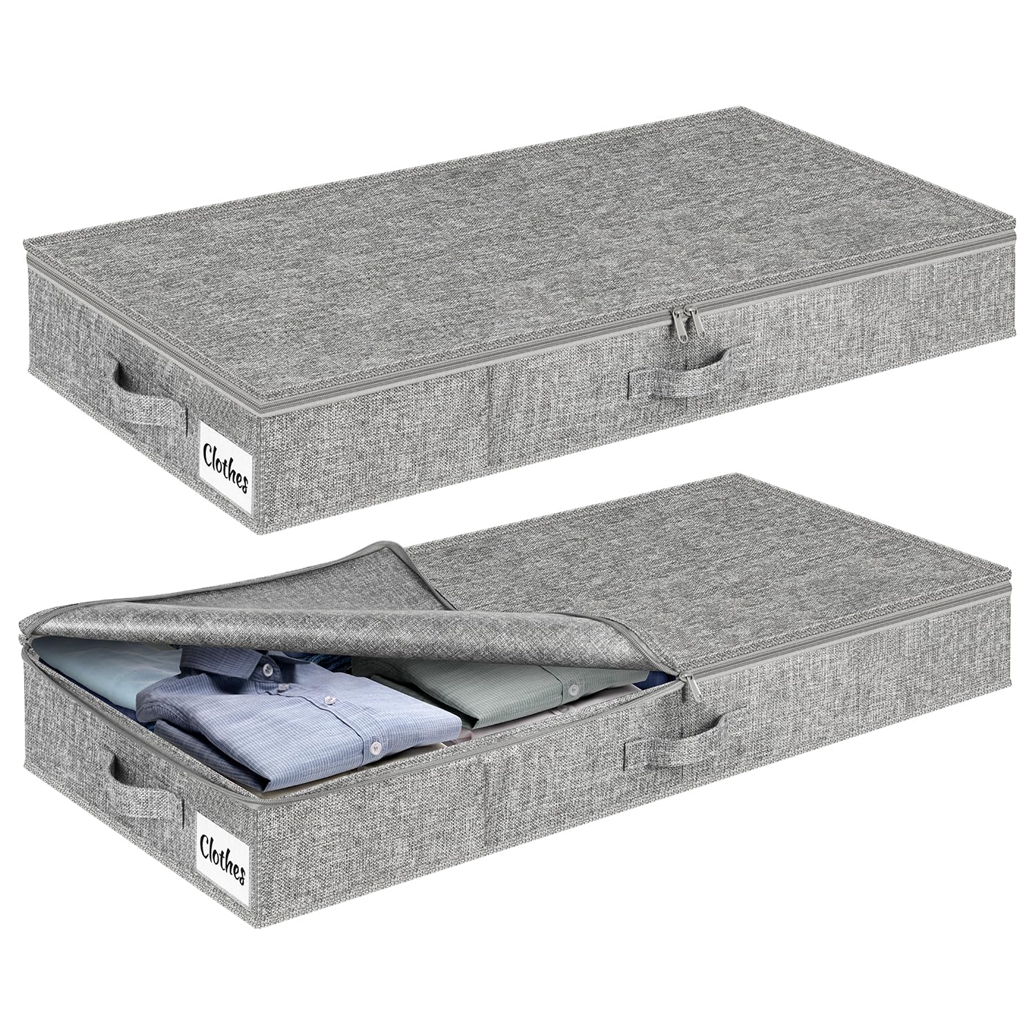 Underbed Storage Box with Lid, 10 cm High, Pack of 2, Foldable Underbed Storage, Washable Clothes Storage & Organisation, 3 Handles, Zip Lid, Storage Boxes for Clothes, Blankets