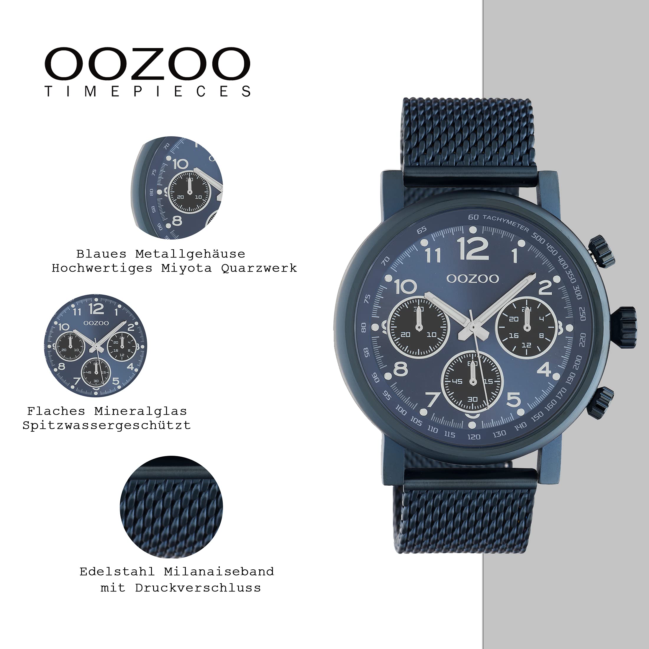 Oozoo Timepieces C10701 - Orologio da polso da uomo con cinturino in maglia milanese, di alta qualità per uomini, elegante orologio analogico da uomo, Blu, groß, Bracciale