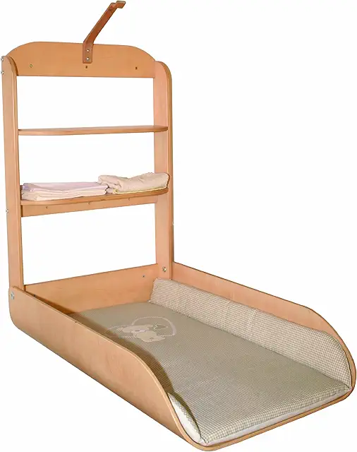 Table à Langer Murale Rabattable en Bois Naturel avec Matelas Ourson - 2 Étagères