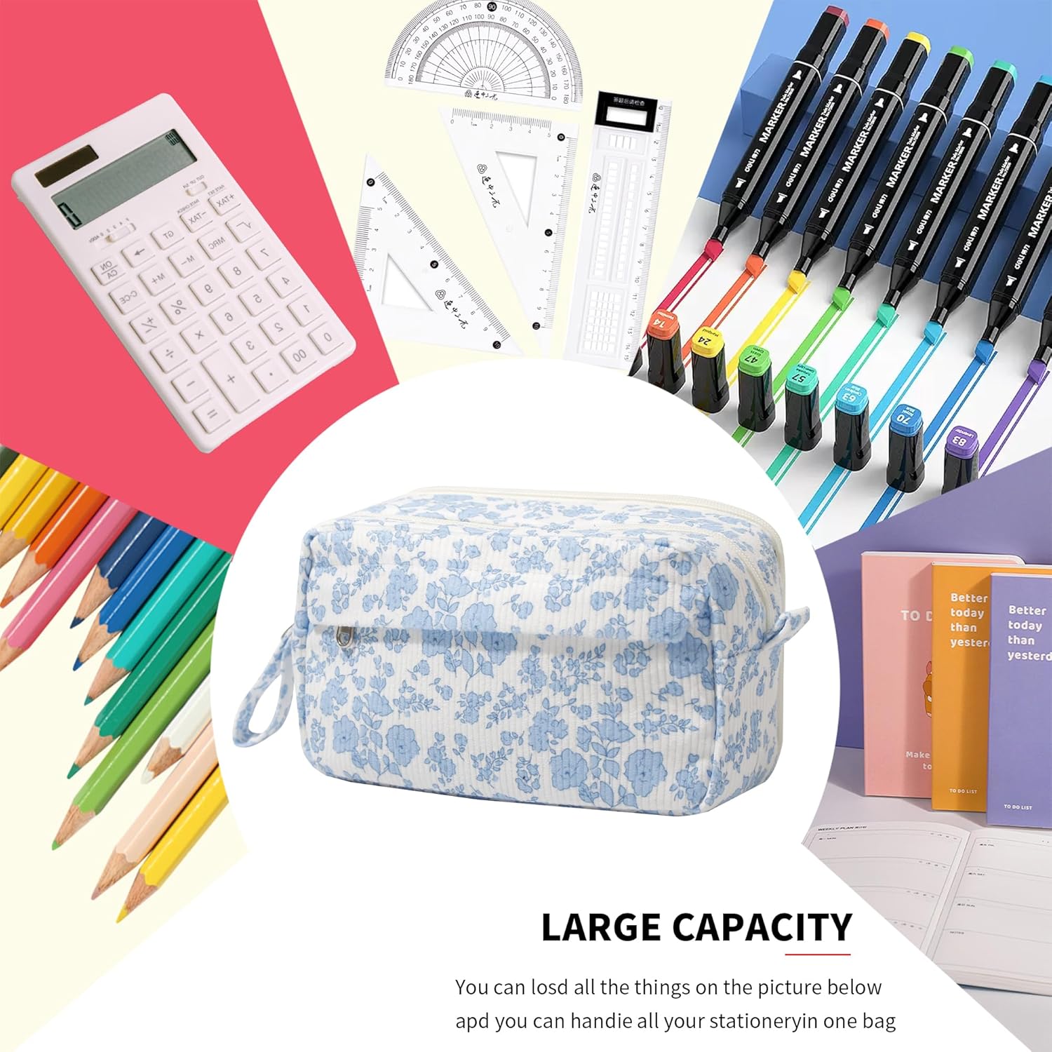 Big Capacity Pencil Case Pencil Pouch School Supplies Large Cute Pencil Box Pencil Bag for Teen Girls Boys Kids (B Navy blue flower) - Image 4