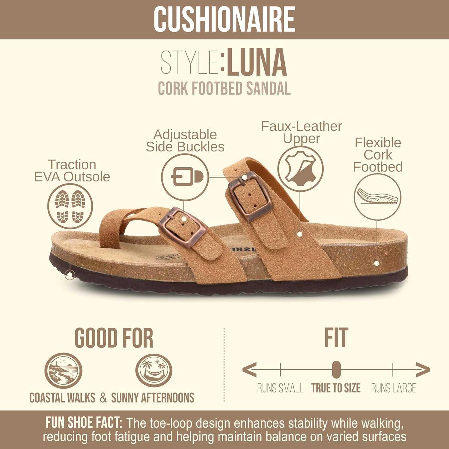 CUSHIONAIRE Luna Sandals for Women, Cork Footbed Womens Sandals for Summer Comfort with Adjustable Straps, Wide Width Available - Image 4