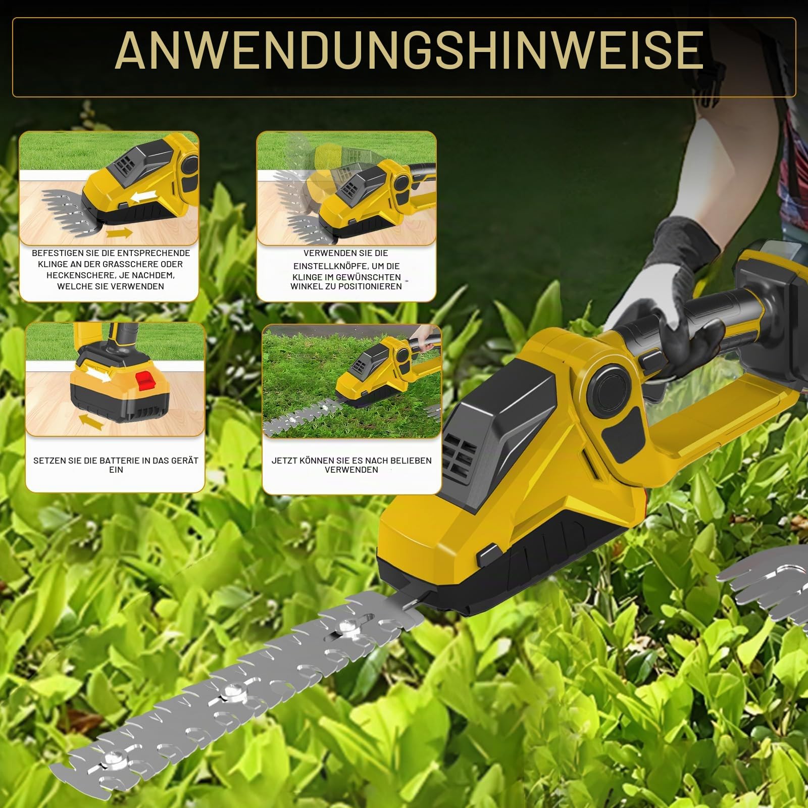 150 W Akku Heckenschere & Grasschere für Dewalt 20V Akku (ohne Batterie) | 90° Verstellbare, Elektrische Strauchschere, mit 2 Aufsatzklingen, zum Schneiden von Strauch und Gras