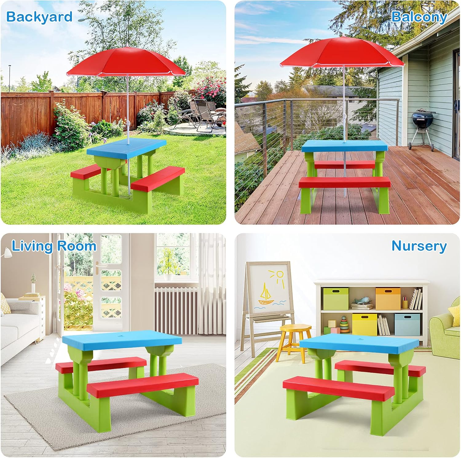Rainbow Delight Collapsible Kids' Picnic Table with Adjustable Umbrella