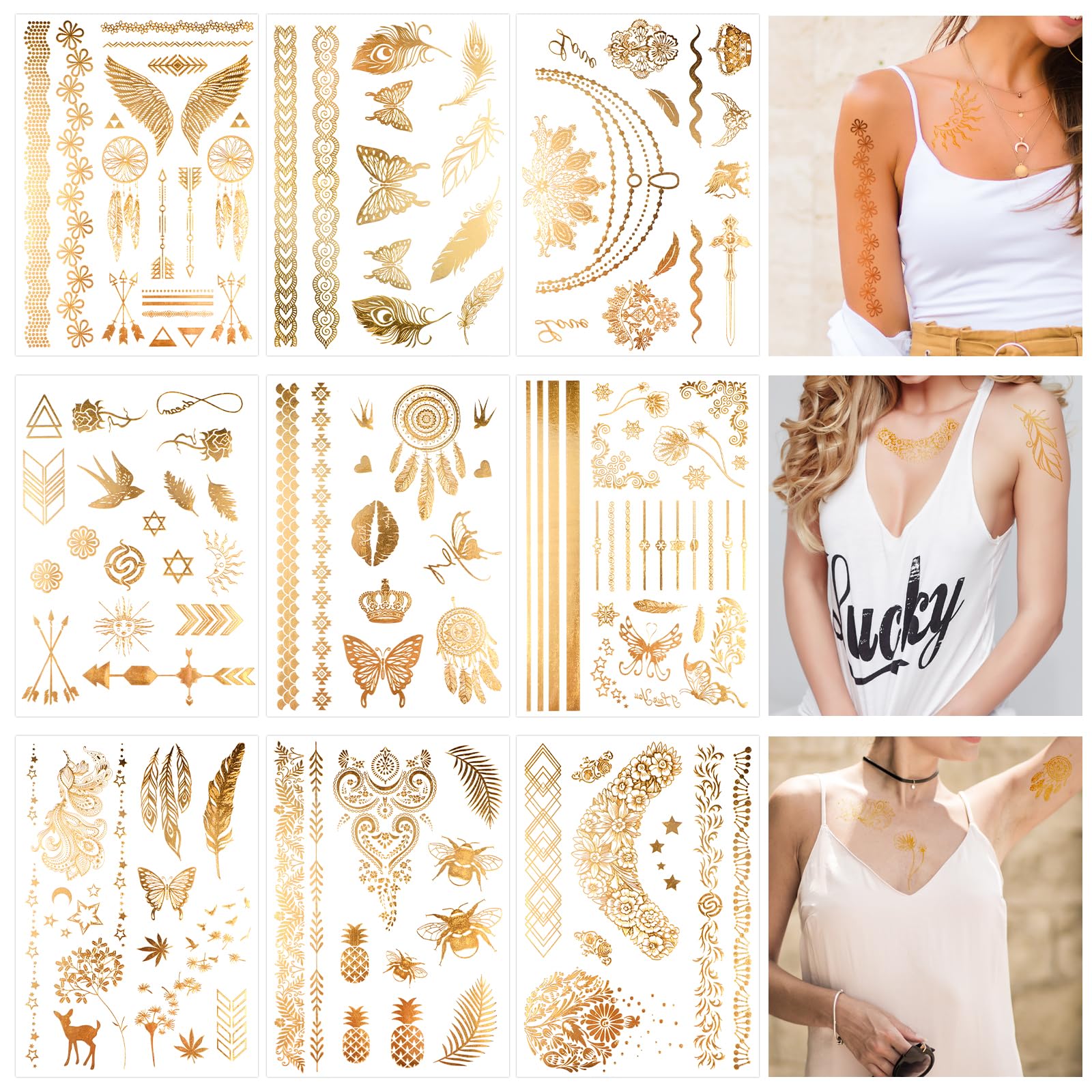 9 hojas de tatuajes dorados para adultos, tatuajes temporales con purpurina para pegar para mujer, accesorios metálicos, accesorios para fiestas, accesorios, tatuajes adhesivos, tatuajes