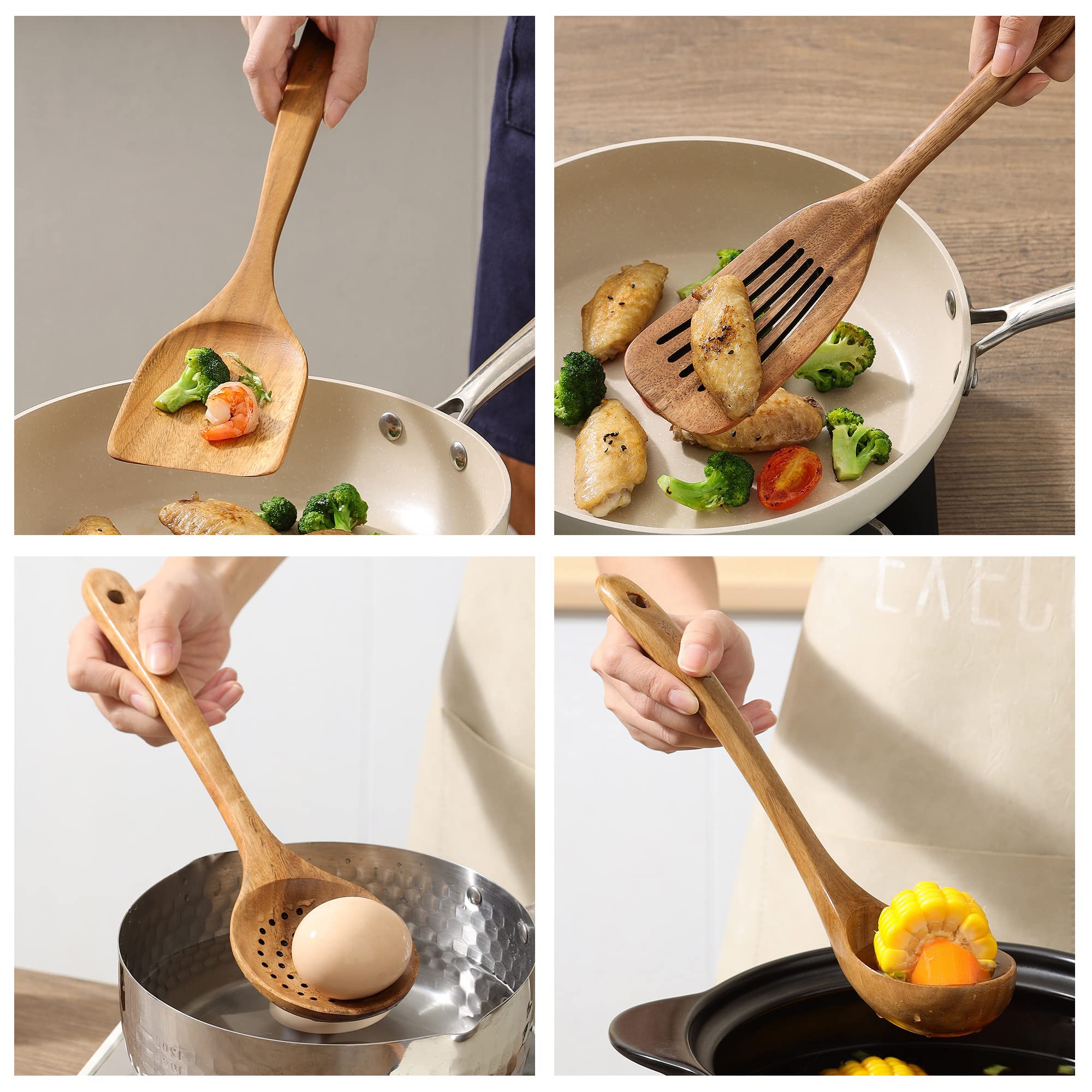 Holzlöffel zum Kochen, 8-teiliges Teakholz-Küchenutensilien-Set, natürliches Akazienholz, antihaftbeschichtet, Pfannenwender, Kochlöffel, leicht, praktisch, einfach zu waschen, Kochutensilien