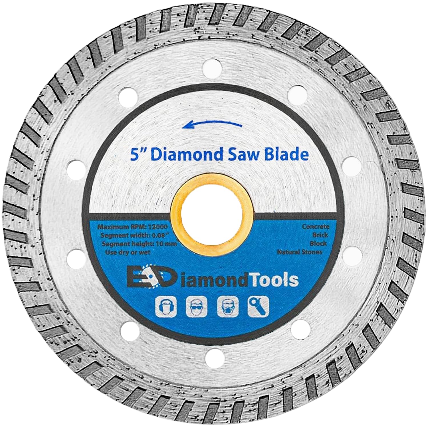 5" Turbo Diamond Saw Blade for Concrete, Brick, Block and Masonry, 10mm Segment Height, 1.6" Cutting Depth, 7/8"-5/8" Arbor