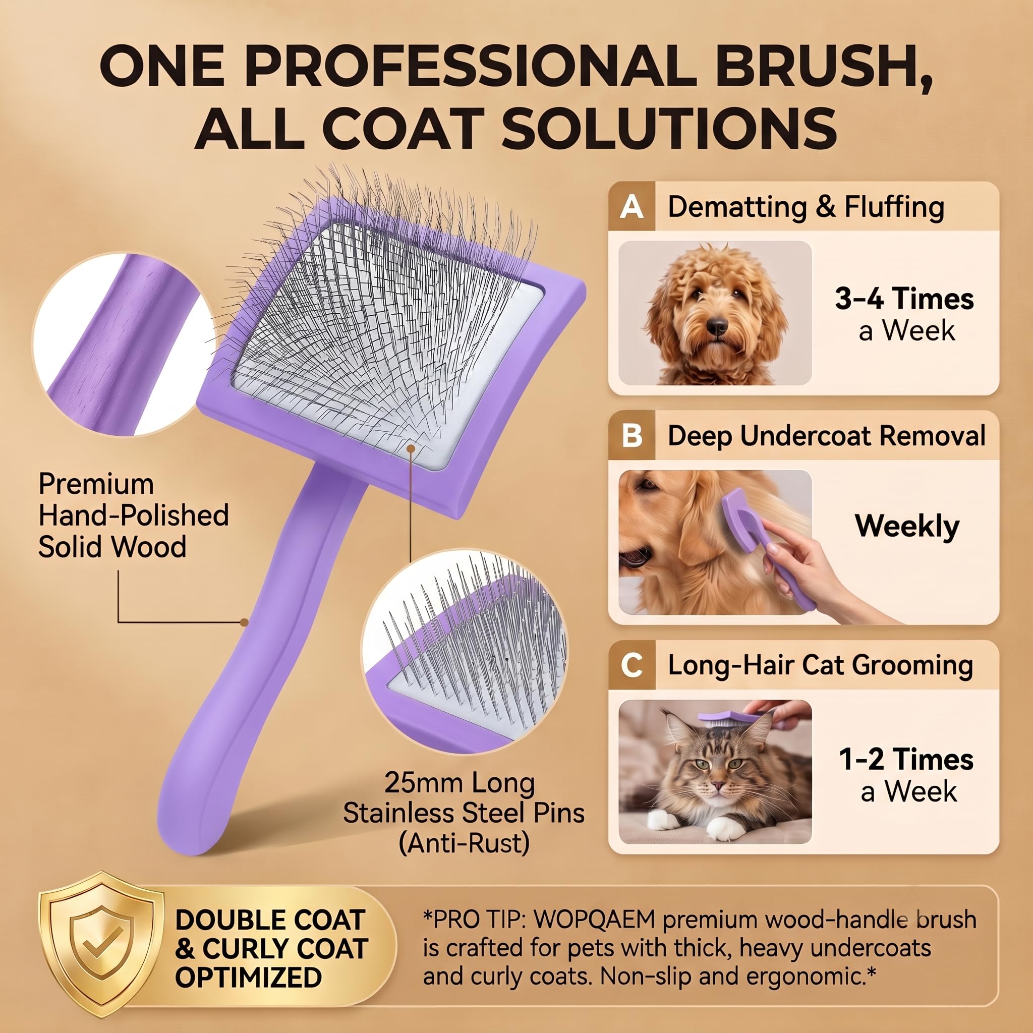 Spazzola per cani per toelettare i capelli, spazzola extra lunga per spargimento di gatti medi e lunghi, strumenti professionali per rimuovere pellicce, viola,pettine per animali domestici gratuito