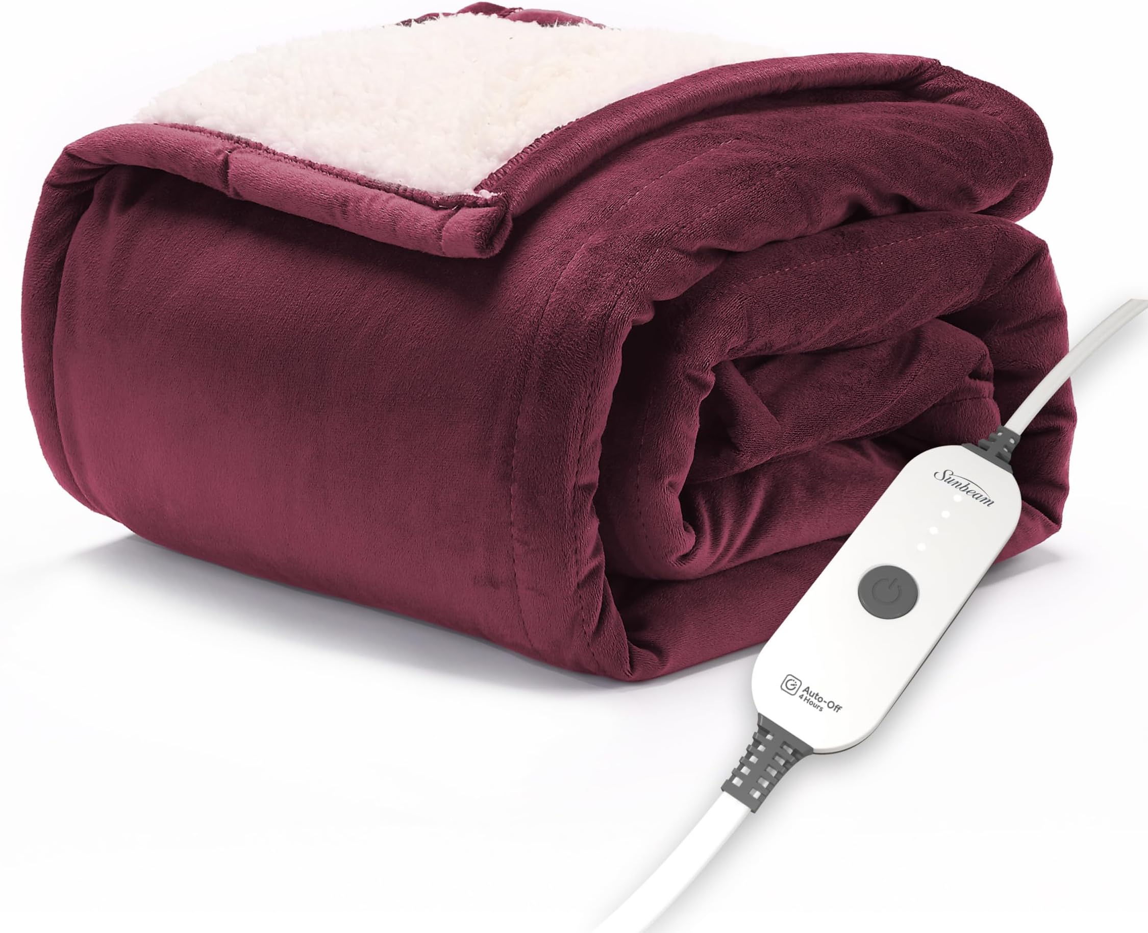 Sunbeam Royal Mink Sherpa Cabernet Heated Personal Throw/Blanket, Cozy-Warm, Adjustable Heat Settings