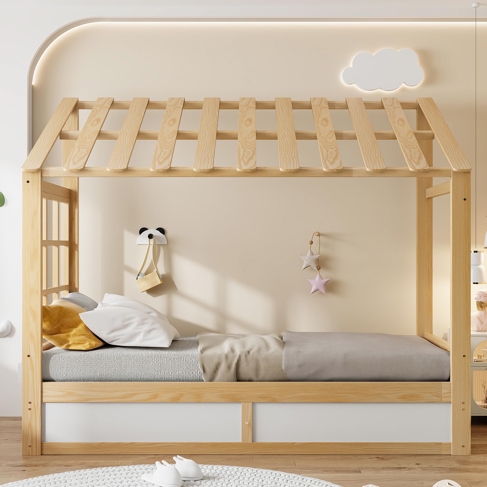 Estructura Individual 90x200 Estructura de Madera con Almacenamiento bajo la Superficie y Compartimentos Laterales Elevación Hidráulica con Techo y Ventanas para Vivienda Blanca