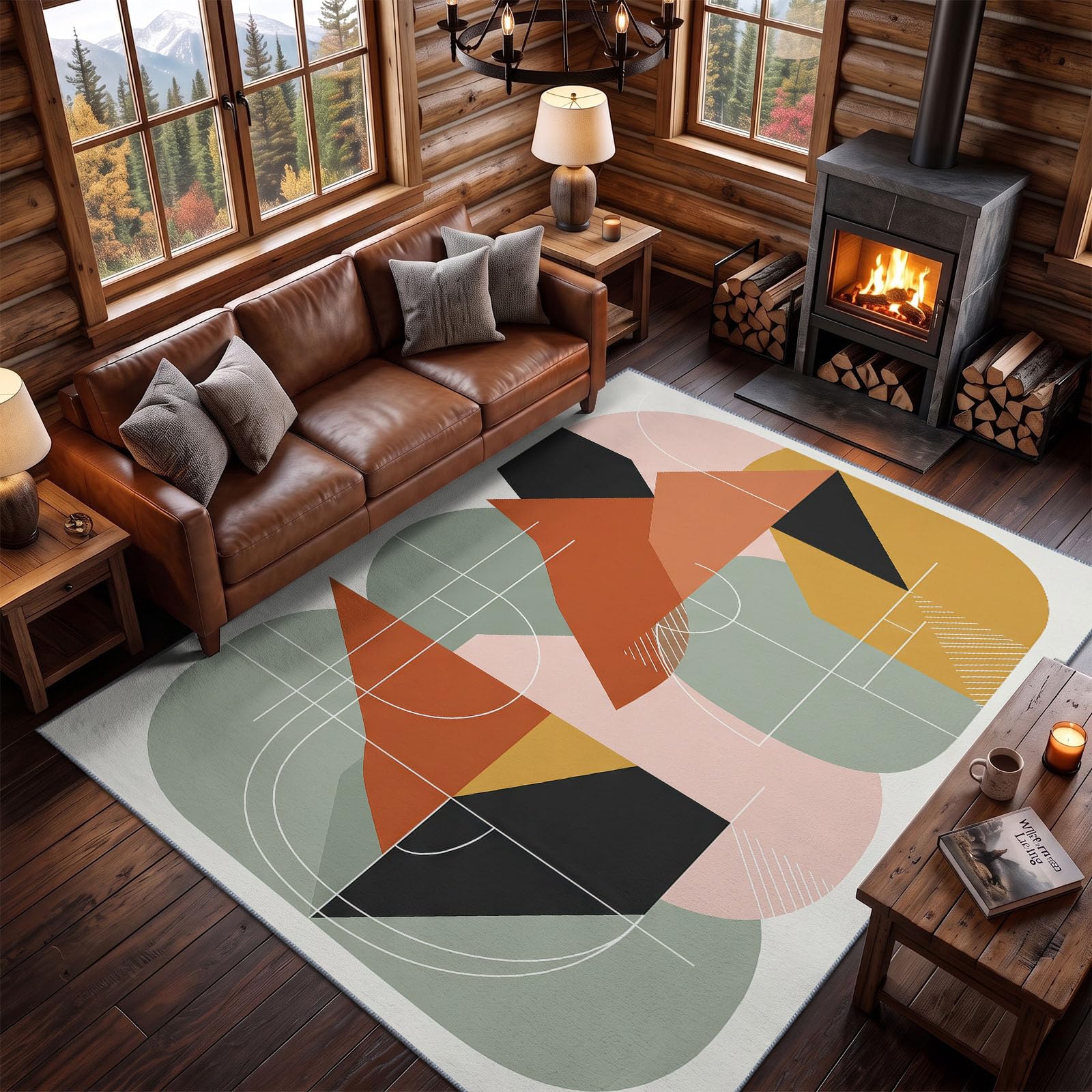 Tapis Lavable Machine Salon 80 x 150 cm, Antidérapant Sol Géométrique Abstrait Poil Bas Doux Collage Géométrique Bloc De Couleur Motif Chambre Cuisine Entrée Salle Détente Décoration Maison, Blanc