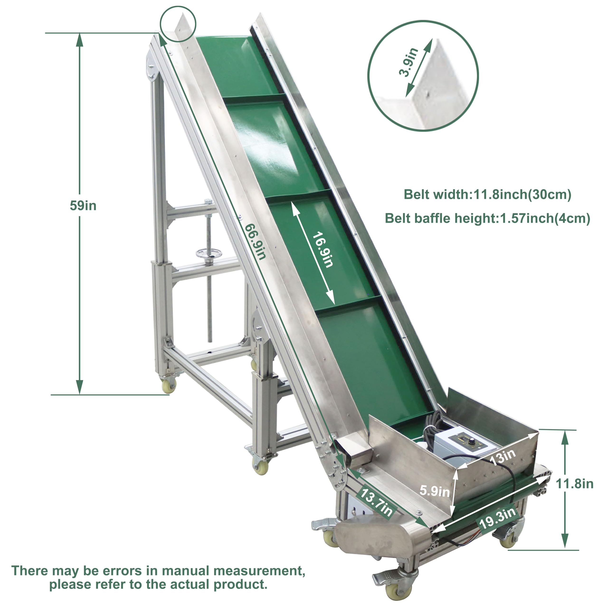TECHTONGDA Climbing Conveyor Electric PVC Belt Conveyor Adjustable Height Adjustable Speed Aluminum Alloy Frames with 1.5Inch Baffles Load 88LBS Green