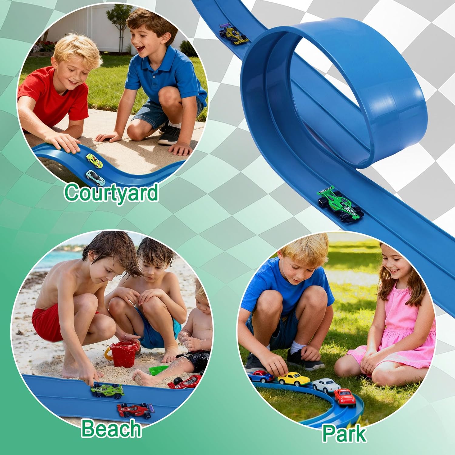 Flex Track Race Cars for Kids, Rubber Have Extra-Long 15.75ft is Customizable Race Track, with 4 Racing Cars and 6 Suction Cups, Flexible Race Track Easy to Store for Outdoor Play (Blue)
