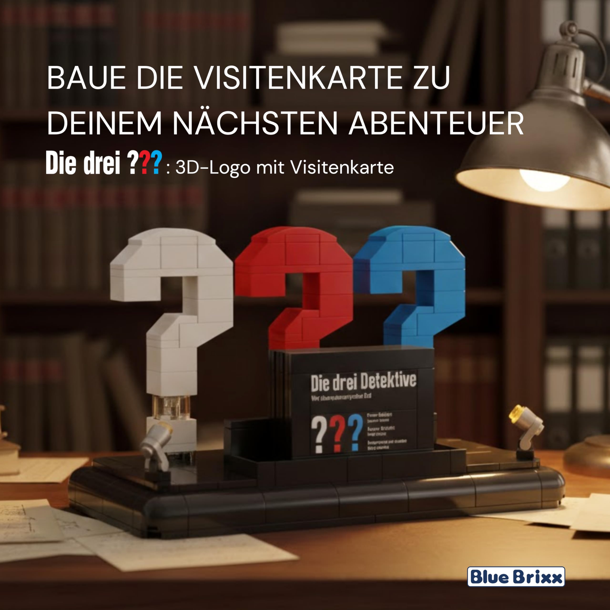 BlueBrixx Pro 108480 – Die DREI ???: 3D-Logo mit Visitenkarte aus Klemmbausteinen mit 200 Bauelementen