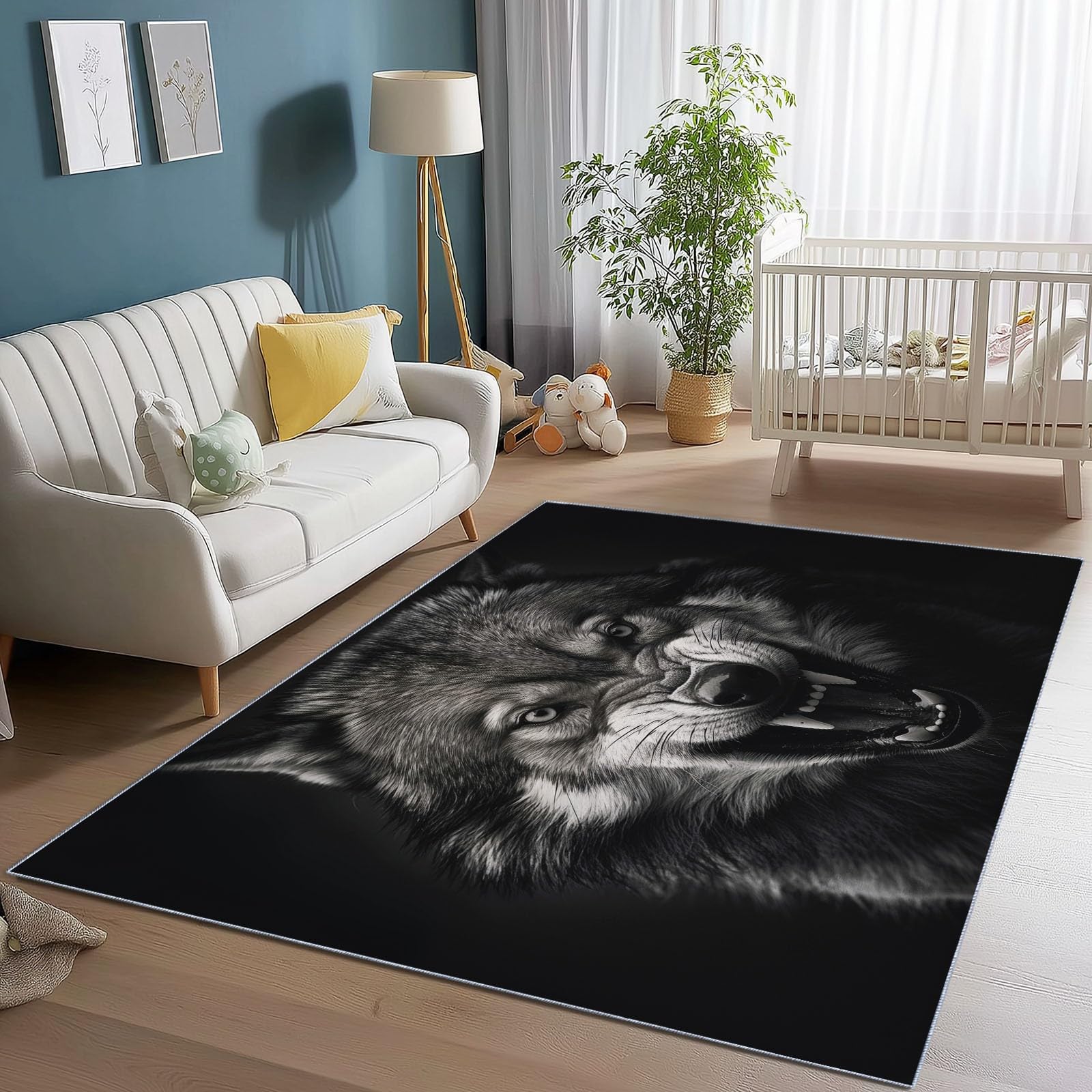 Waschbarer Rutschfester Teppich 120 x 170 cm, Natur Tiere Wut Wolf, Leichte Farbechte Strapazierfähiger Teppich für Flur, Eingangsbereich Wohnzimmer Schwarz Braunes