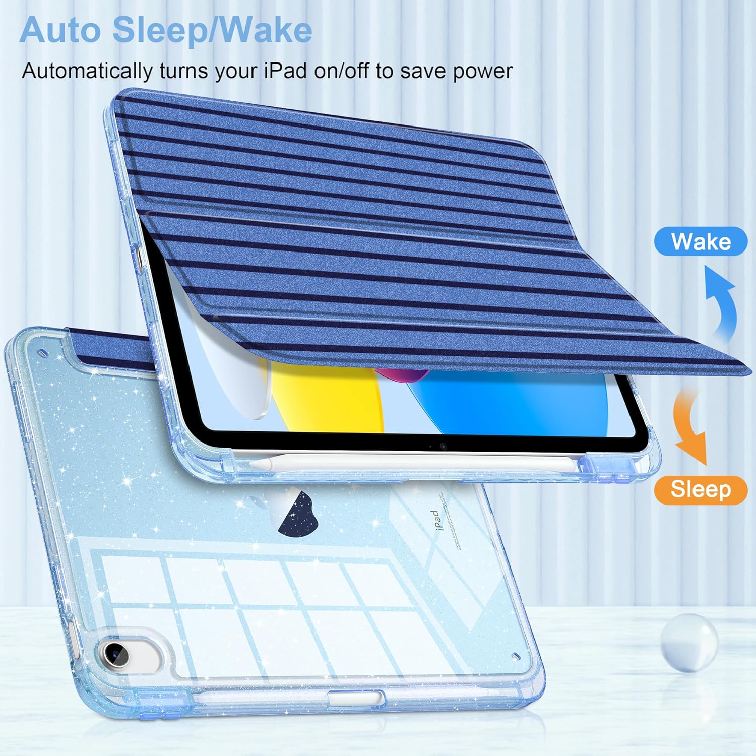 DONGKE for iPad 11th Generation Case (A16, 11-inch 2025) / iPad 10th Generation (10.9-inch 2022), Glitter Clear Acrylic Back, Pencil Holder, Trifold Stand, Auto Sleep/Wake - Dark Blue Stripes