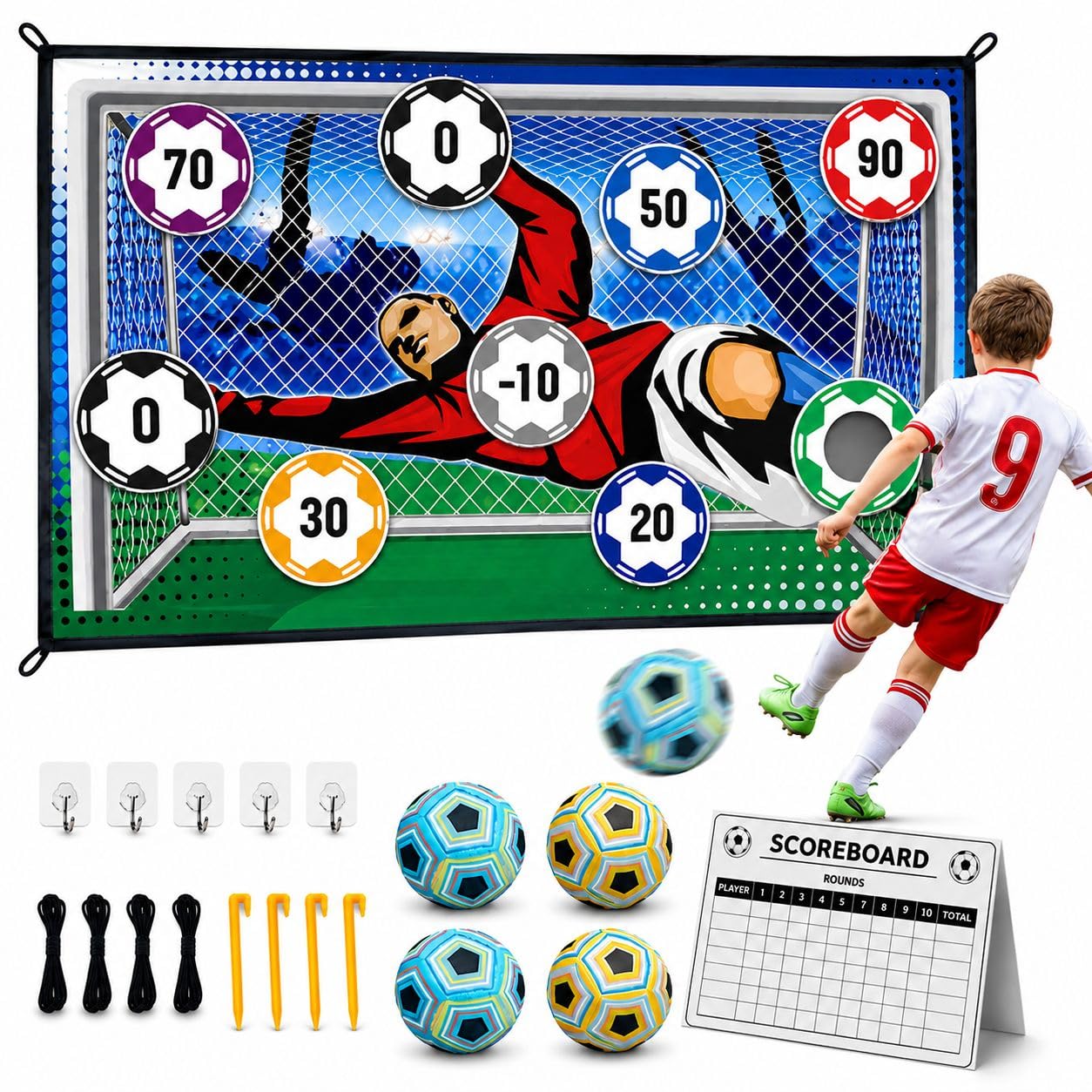 Soccer Ball Game Set with 4 Balls & Scoreboard Football Accuracy Target Game – Indoor Outdoor Soccer Shooting Practice Net for Kids, Garden Training & Family Games - Suitable for ages 3–18