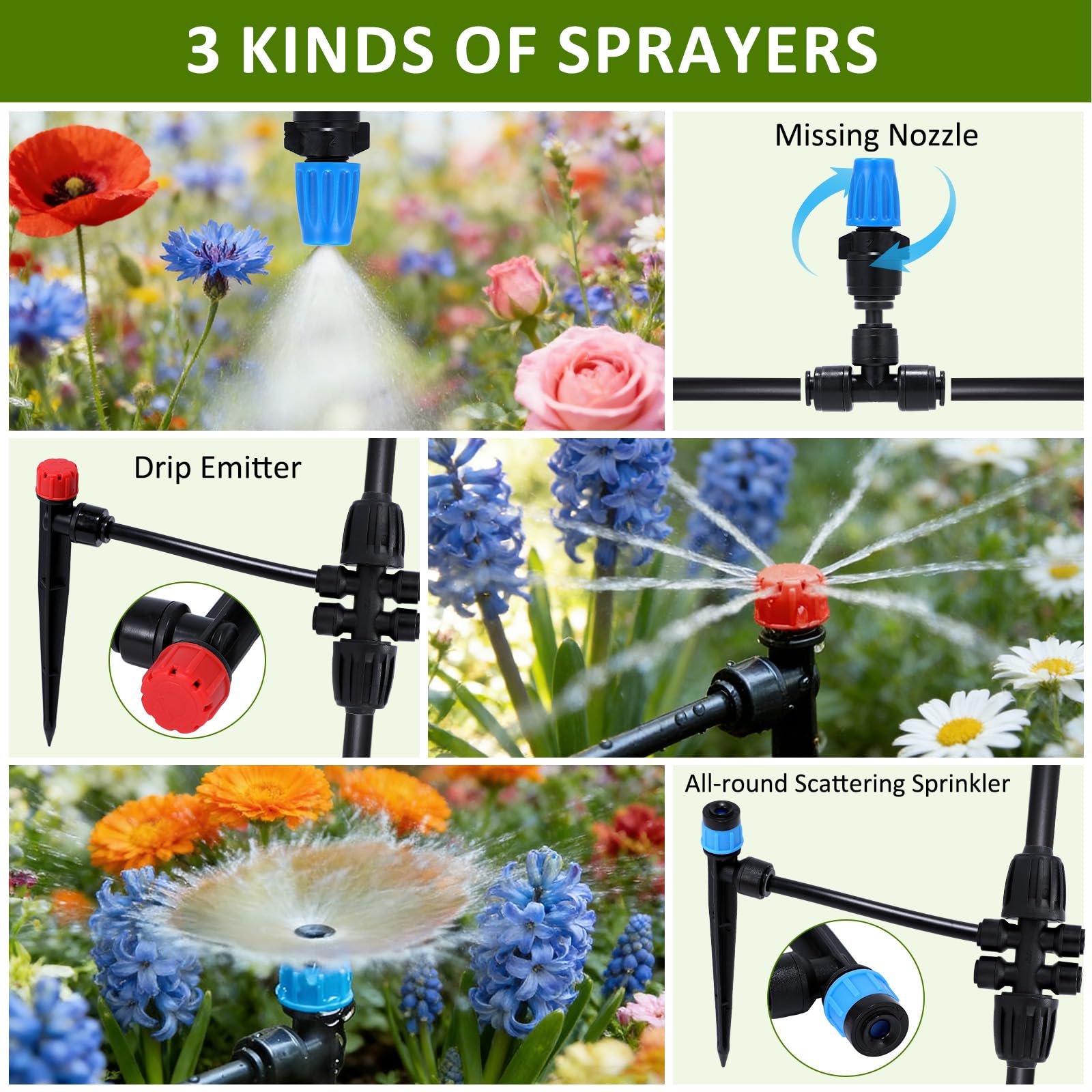 Kit di irrigazione a goccia da 90 m, sistema di irrigazione automatico da giardino, con tubo da 2,5 m, tubo di distribuzione da 6,3 m e accessori per giardino, prato, serra, piante, aiuola