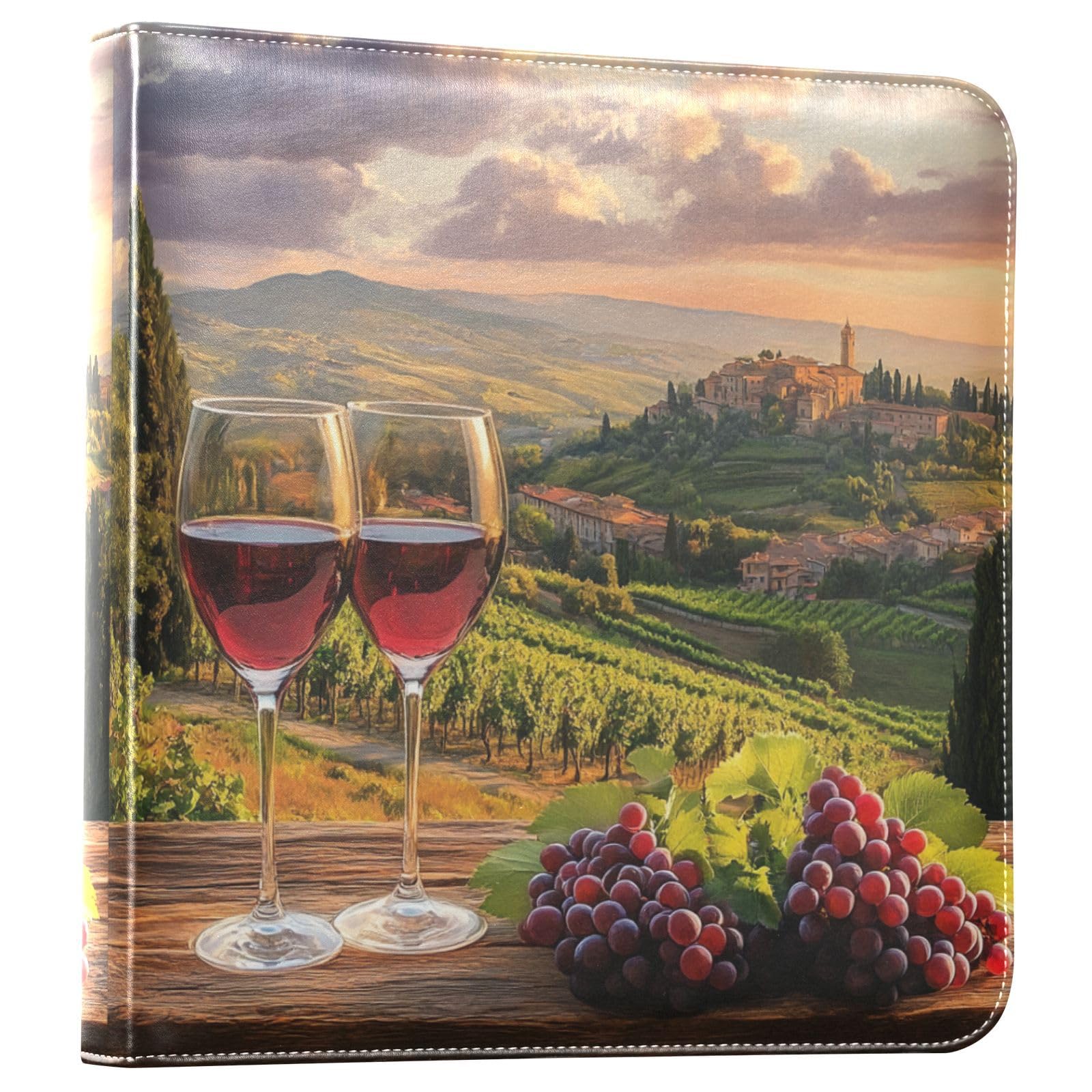 ALAZA Álbum de fotos autoadhesivo con diseño de copas de vino de Italia y puesta de sol, cubierta de piel sintética, 3 anillas, para boda, familia, viajes, recuerdos