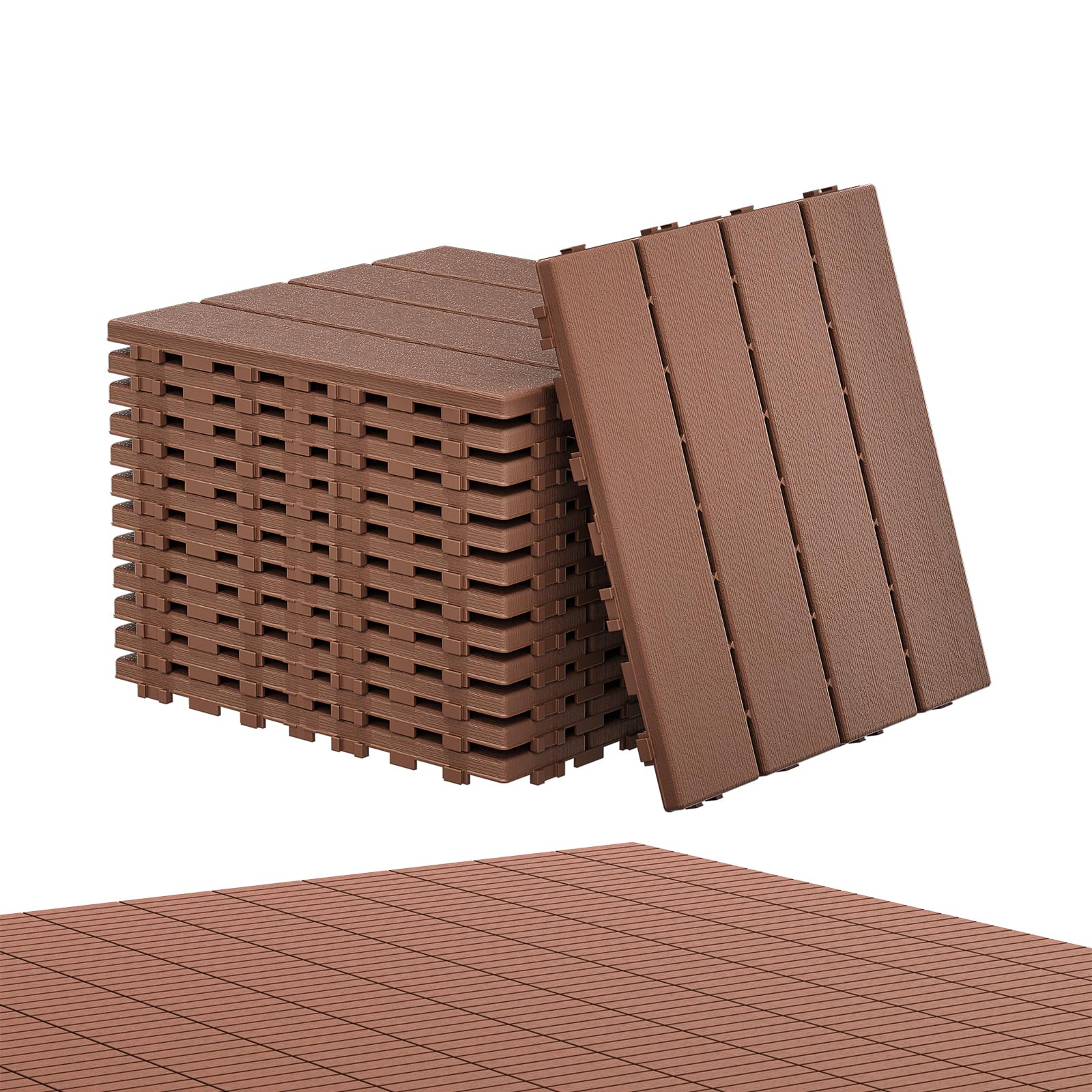 Aufun Interlocking Decking Tiles, 30x30cm Wood Effect Balcony & Patio Tiles, Waterproof Plastic Click System Garden Flooring, Outdoor Floor Tiles for Balcony, Terrace & Garden, 2m² Brownish-Red