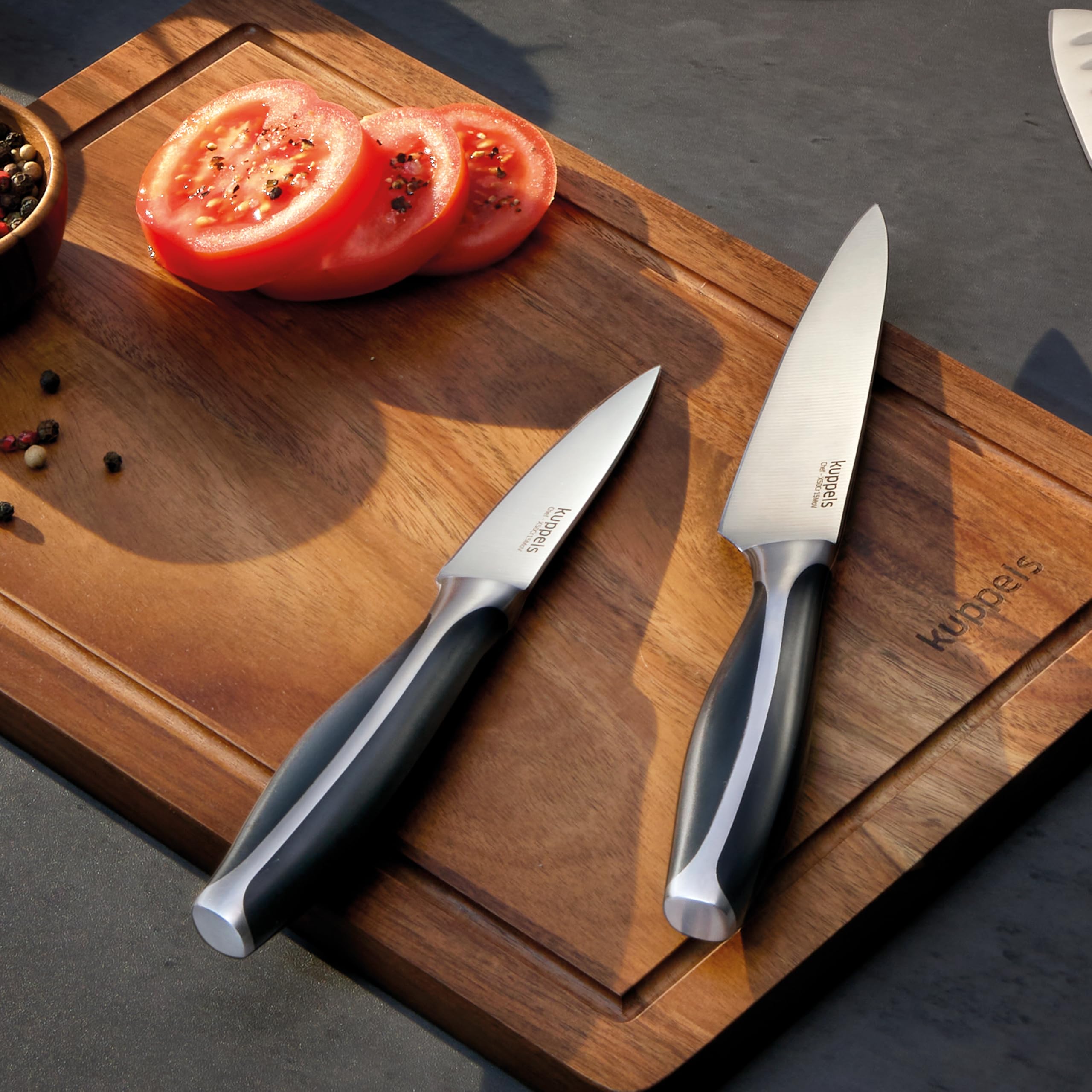 Kuppels Küchenmesser-Set 3-tlg., Kochmesser, Brotmesser, Allzweckmesser | Schwarze ABS-Griffe und hochwertiger MoV-Stahl 50CrMoV15 sorgen für optimale Balance, Griffigkeit und Langlebigkeit