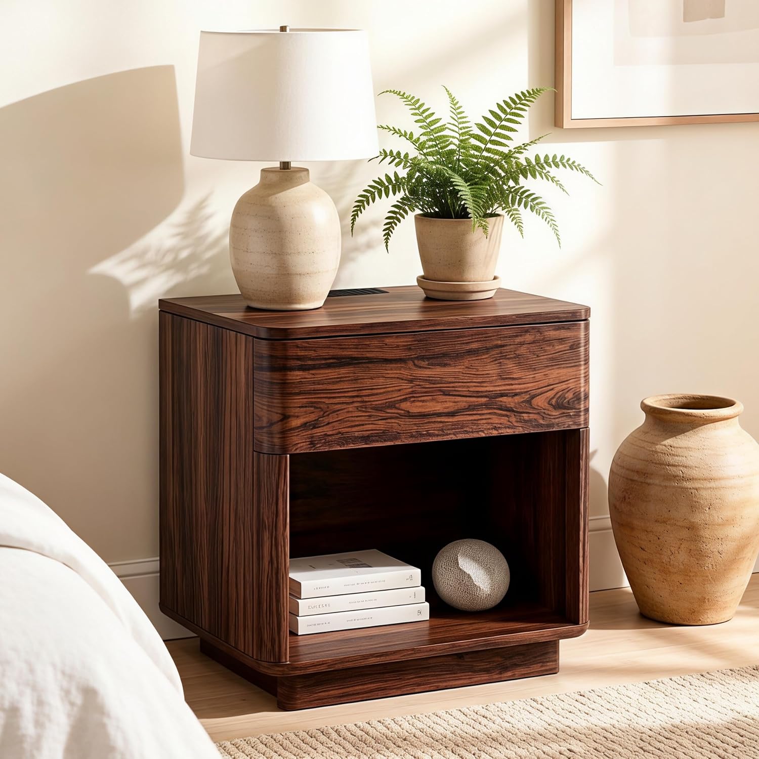 ACCOHOHO Modern Nightstand with Charging Station, 22" Wide Wood Side Table with Large Drawer & Open Storage, End Table for Bedroom, Living Room, Curved Profile Design, Dark Walnut