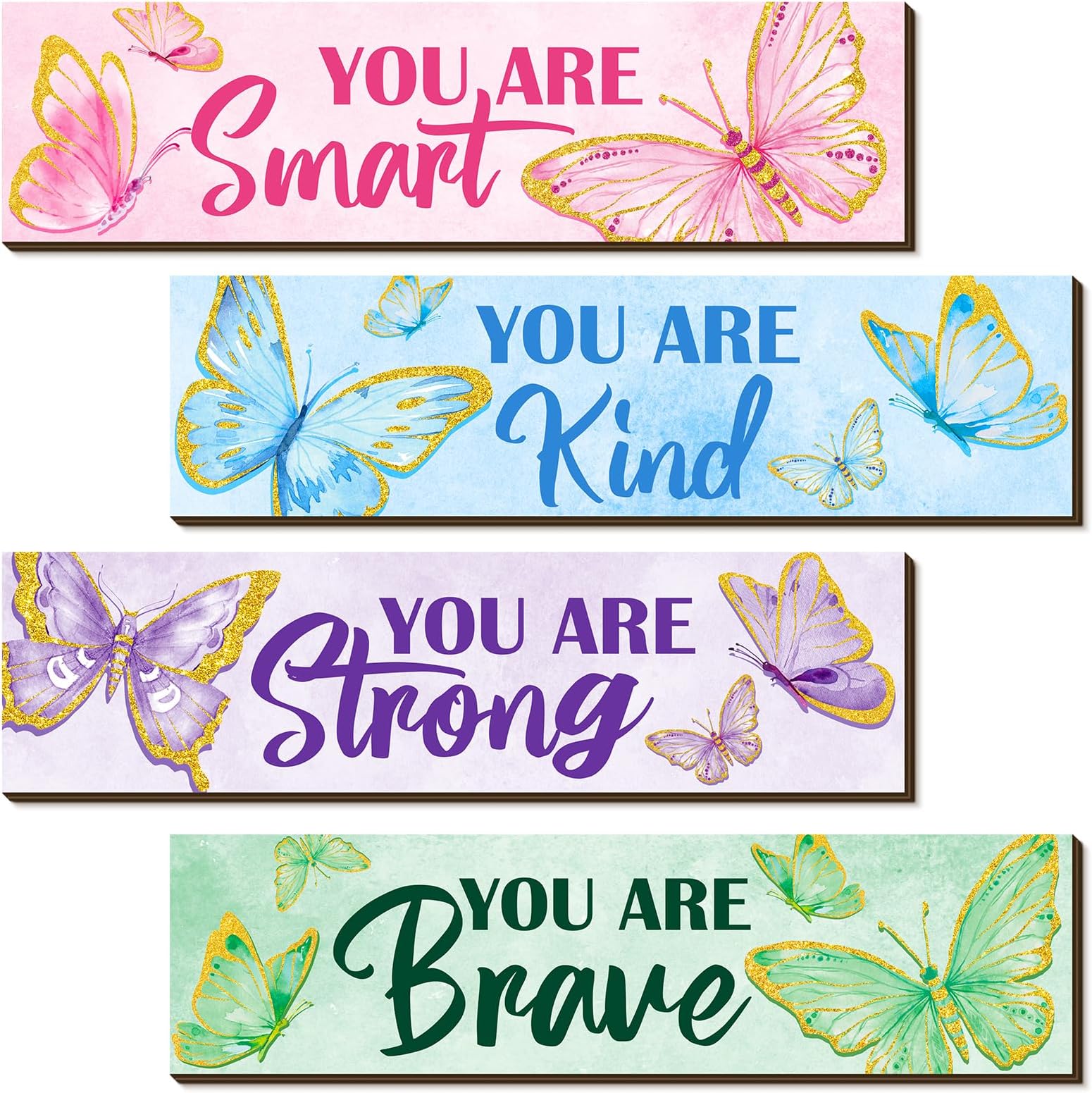 Geetery 4 Pcs Butterfly Inspirational Quote Wooden Sign Bedroom Wall Decor for Men Women Rainbow Room Art Decor Aesthetic Wooden Hanging Wall Sign for Daughter Son Nursery 11.81 x 3.15 Inch