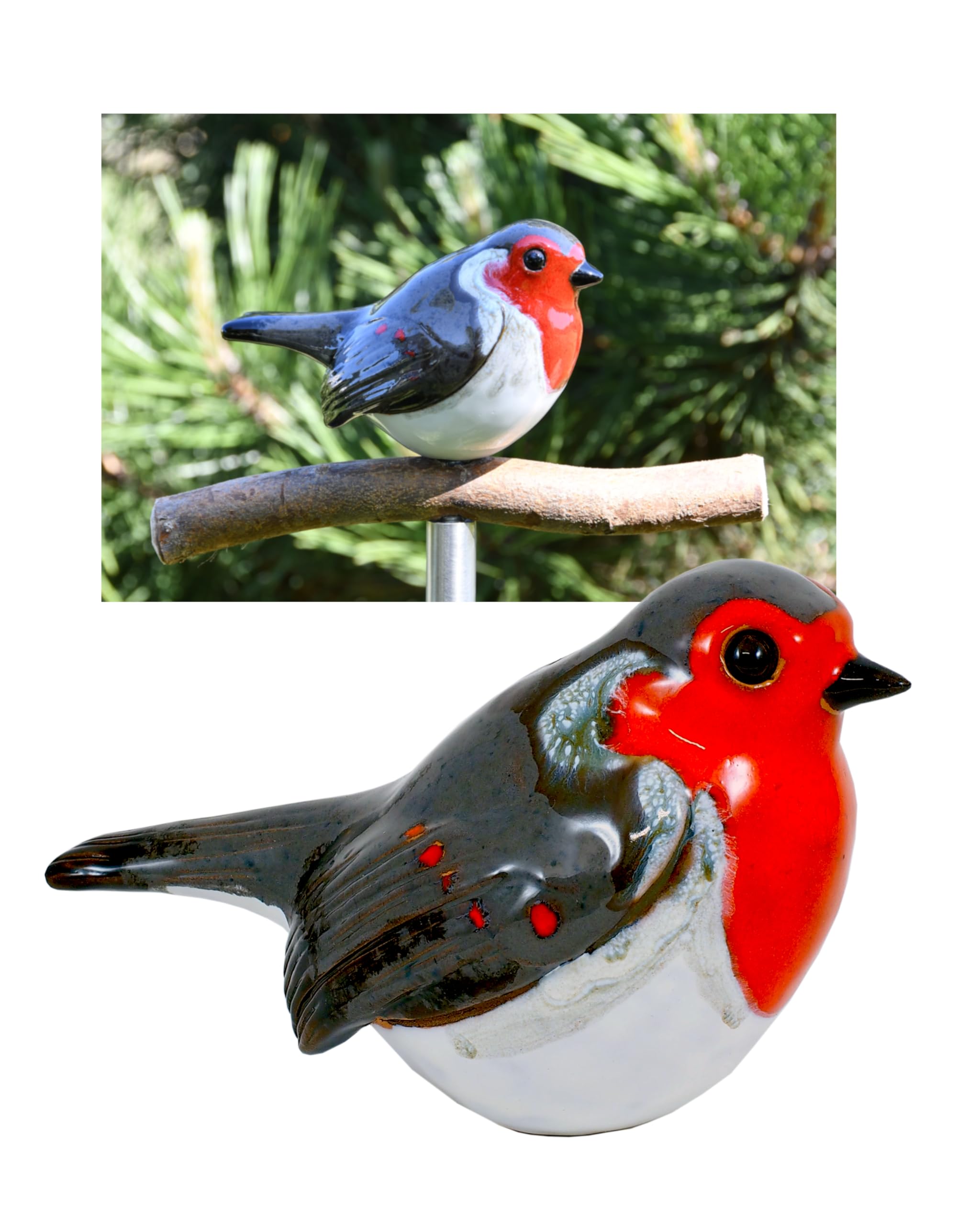 Gartenstecker Keramik Handgefertigt - Gartendeko für Draußen Wetterfest - Garten Deko Keramik - Vogel Gartenfiguren & Gartenstatuen - Rotkehlchen