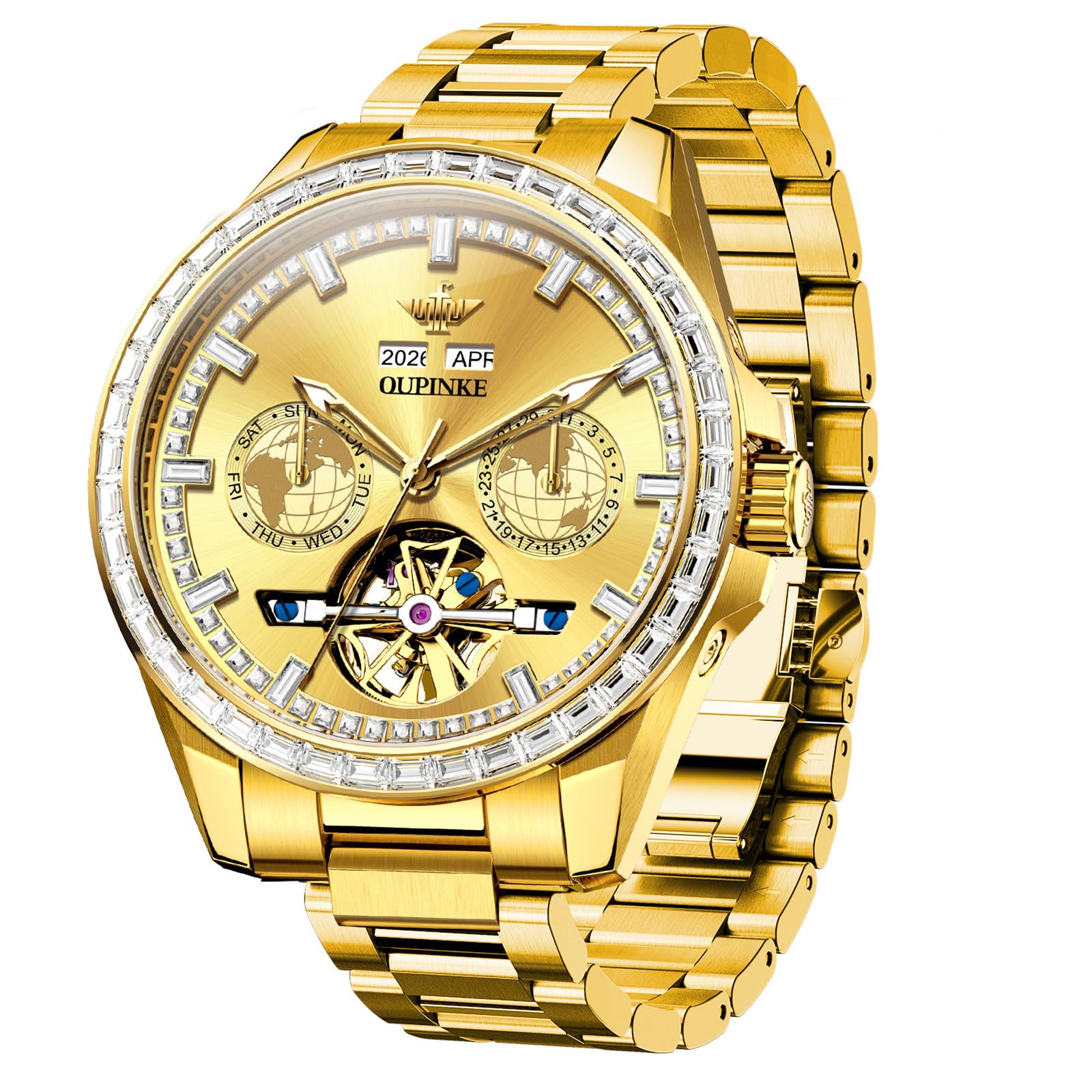 OUPINKE Watch for Men Automatic Wristwatch Diamond Sapphire Crystal Skeleton Luminous 3D Dial with 5ATM Waterproof Luxury Stainless Steel Strap