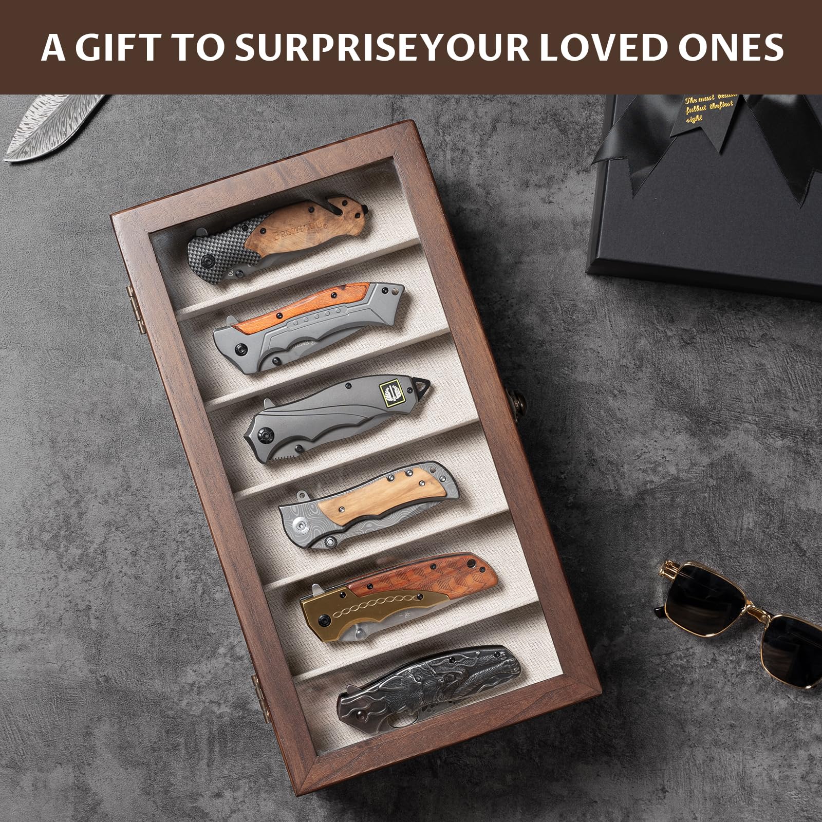 3 Étages Coffret Poignard, Bois Boîte Présentoir à Couteaux avec Tiroir et Couvercle Transparent, Support à Couteaux pour Exposer et Ranger les Couverts, pour Collection, Cadeau (Noyer)