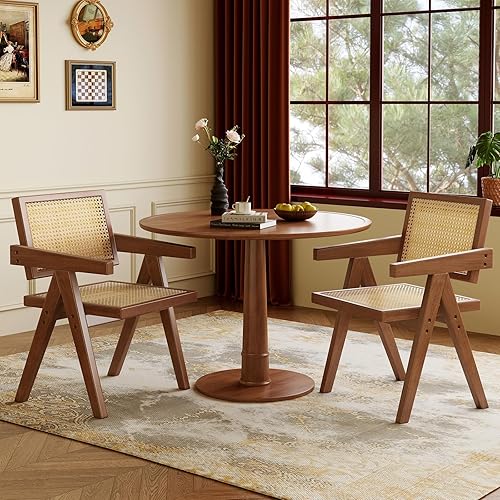 Juego de 2 sillas de comedor de madera, sillas modernas de ratán de mediados de siglo, cómodos sillones para exteriores, con dormitorio, sala de