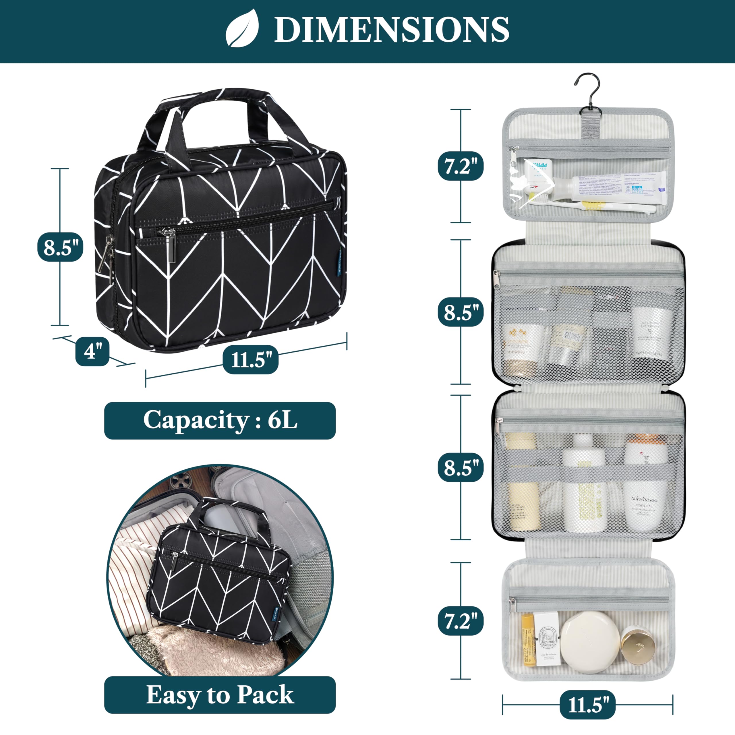 PAVILIA Neceser colgante de viaje para mujeres y hombres, organizador de cosméticos plegable, resistente al agua, accesorios de tocador, kit de artículos de tocador grande, Negro (Chevron), Talla