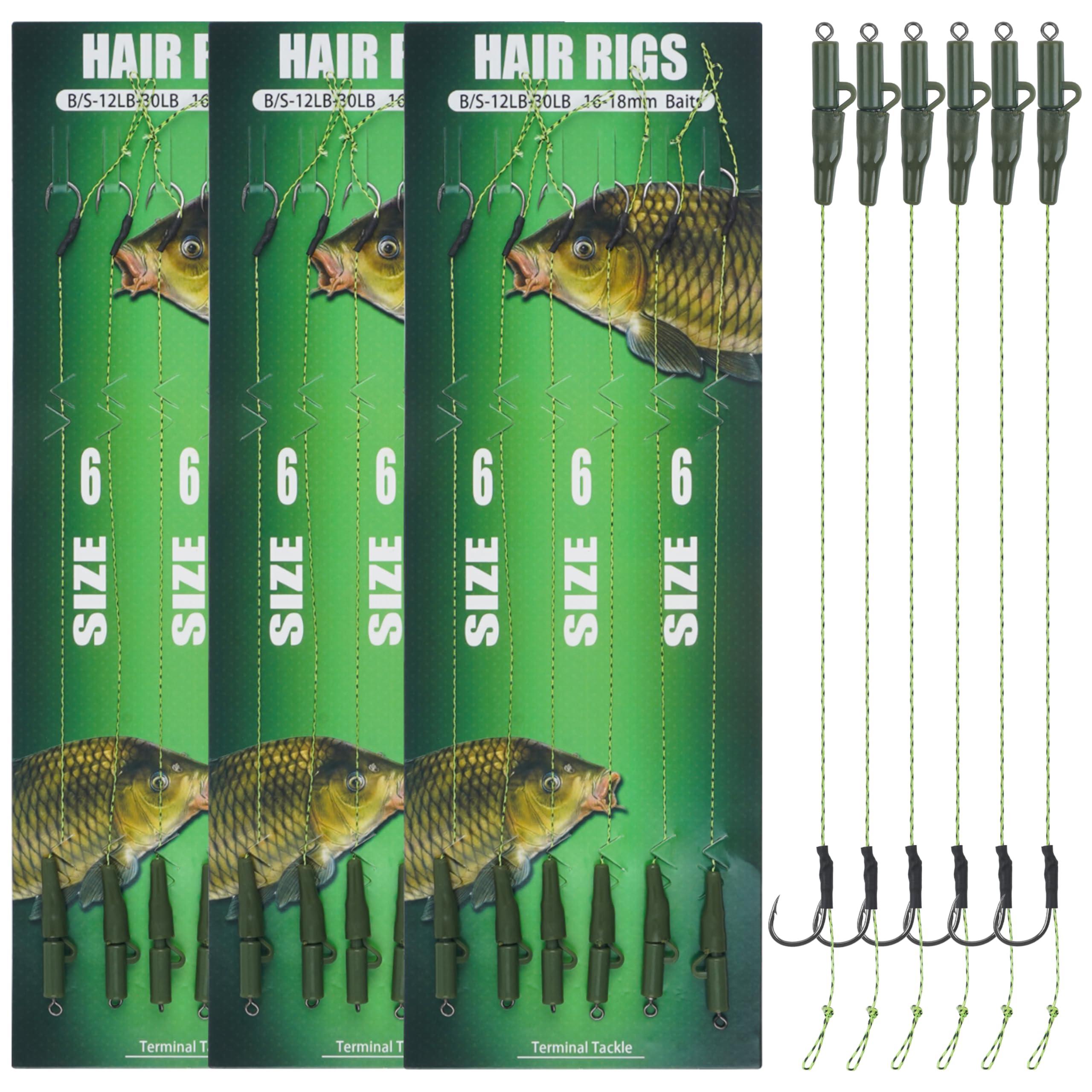 18pcs Carp Fishing Hair Rigs Kit Curved Barb Hooks Braided Thread Line Safety Leader Clips Fishing Bait Rigs Carp Fishing Tackle Accessories