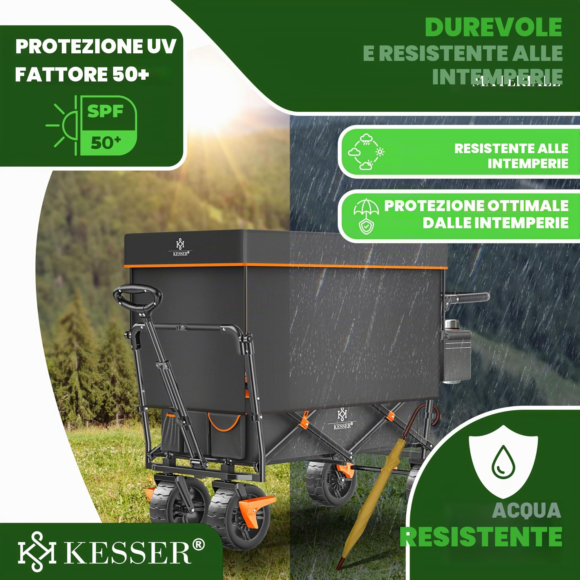 KESSER® Carrello pieghevole GT9000 con tetto | Carrello di trasporto max. portata 150 kg con ruote in gomma dura e freni anteriore/posteriore | Include serratura, copertura