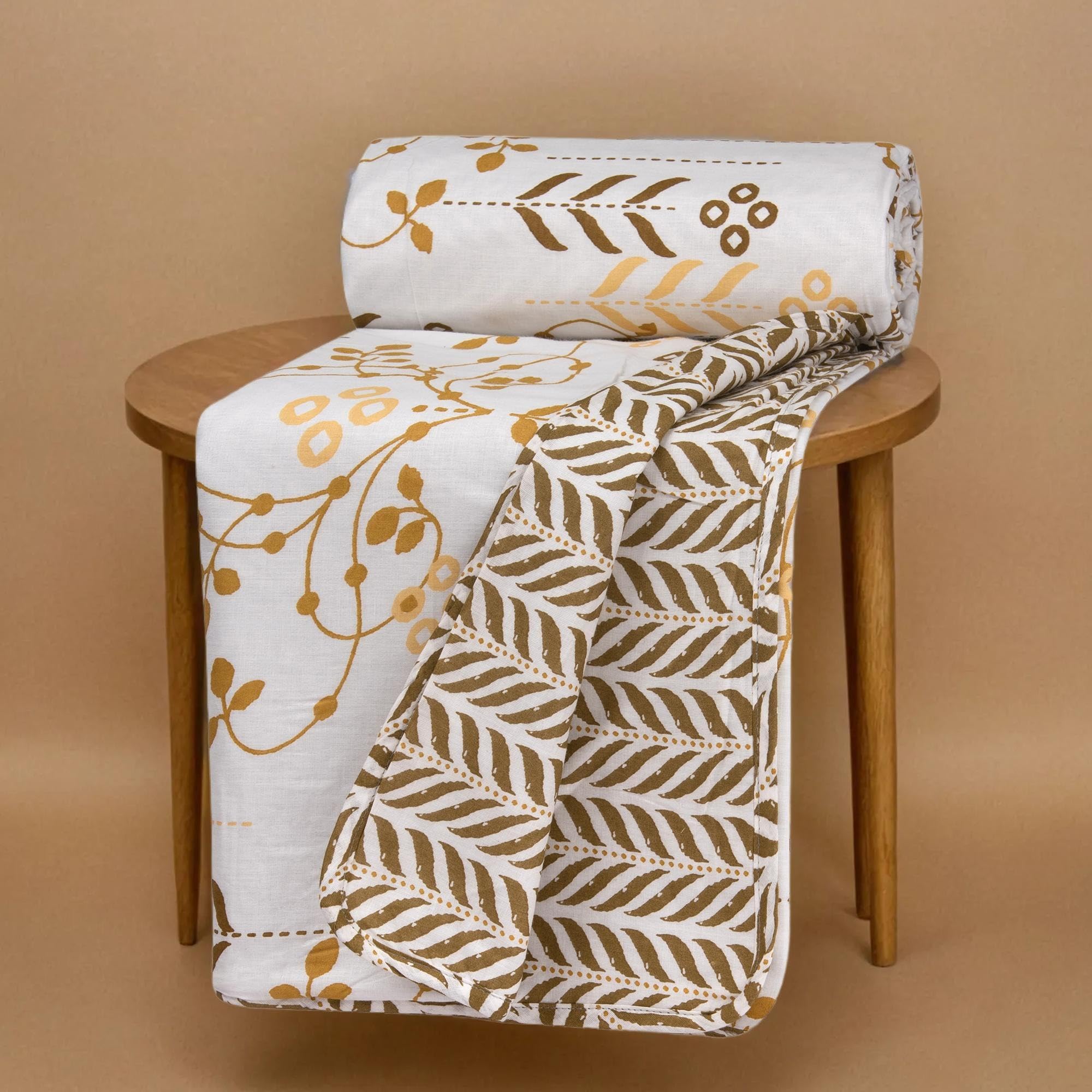HUESLAND 100% Cotton Reversible Dohar Toddler Size | Soft Cambric Weave, All Weather Light Comforter AC Quilt | Infants-New Born Blanket | 41 x 55 inches, Petal - White, Moss Green & Mustard