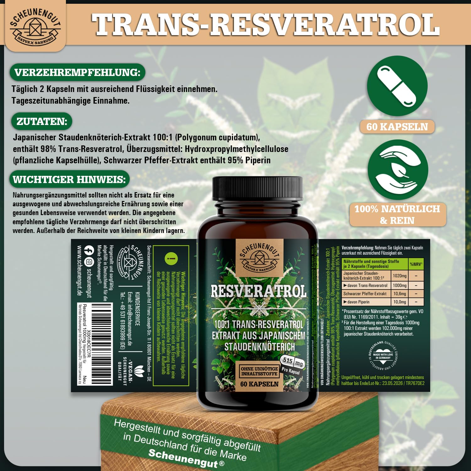 Resveratrol 1000mg -WICHTIG: 100:1 Extrakt (=100000mg jap. Staudenknöterich Wurzel je Tagesdosis) +Piperin -98% Trans-Resveratrol Hochdosiert- Laborgeprüft +Vegan DE SCHEUNENGUT®