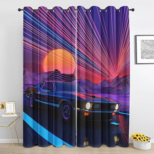 Vaporwave Curtains for Small Window Decor Cyberpunk Synthwave Car Blackout Curtains for Bedroom 45 Inch Length 2 Panels Retro 80s Neon Sunset Drapes