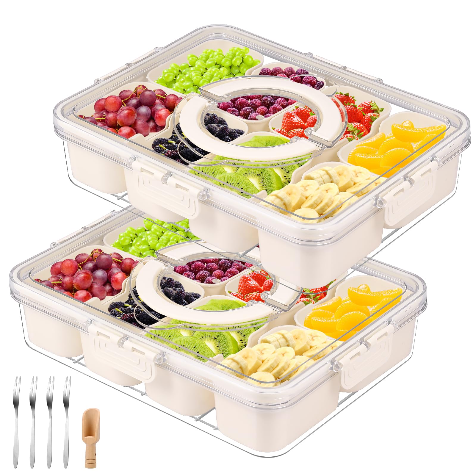 2 bandejas divididas para servir con tapa y asa, 8 compartimentos, caja de aperitivos para dulces, frutas, nueces y especias, contenedor portátil para fiestas de entretenimiento, picnic
