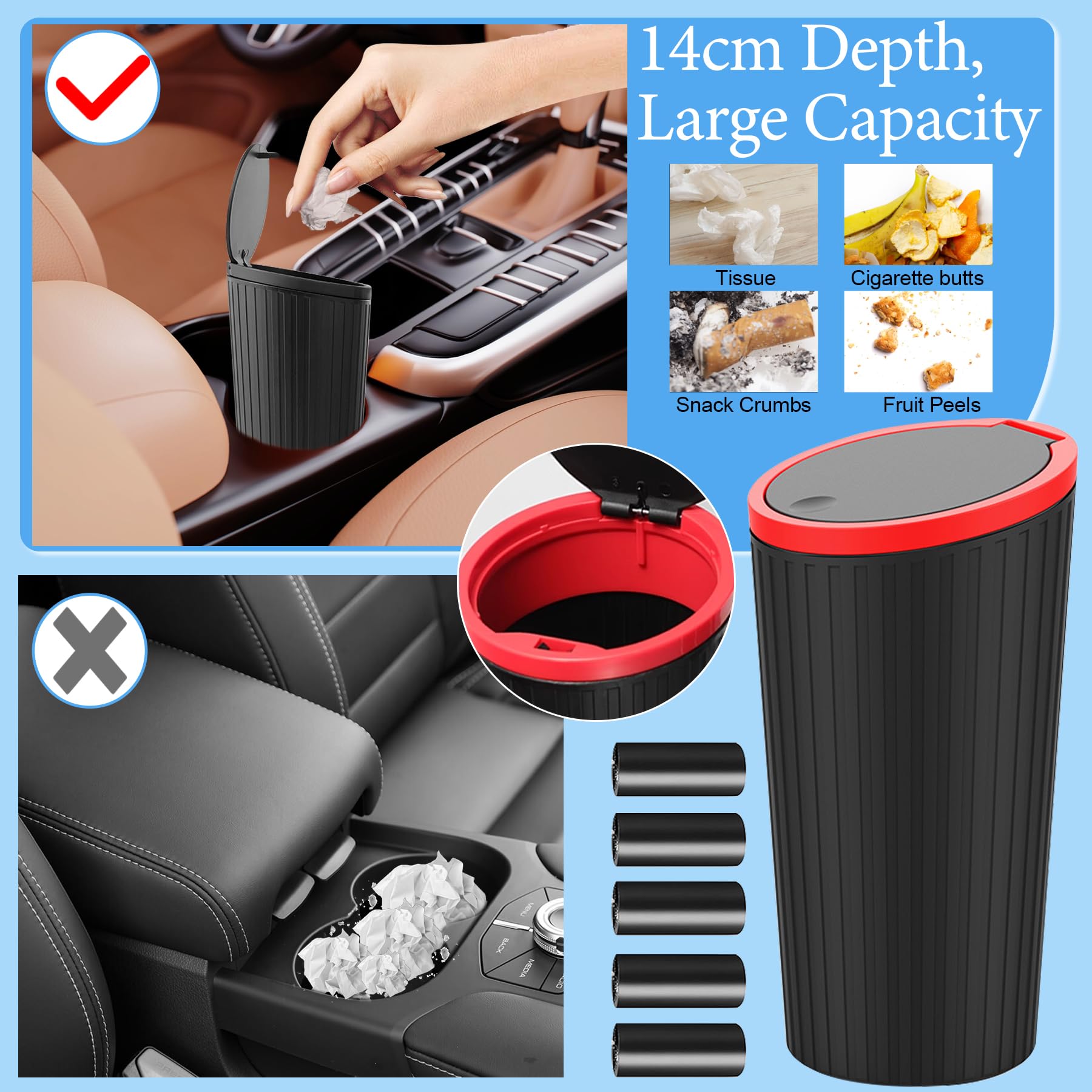 Pattumiera Auto Con Coperchio TZEKING - 2 Pezzi Con 5 Sacchetti, Impermeabile