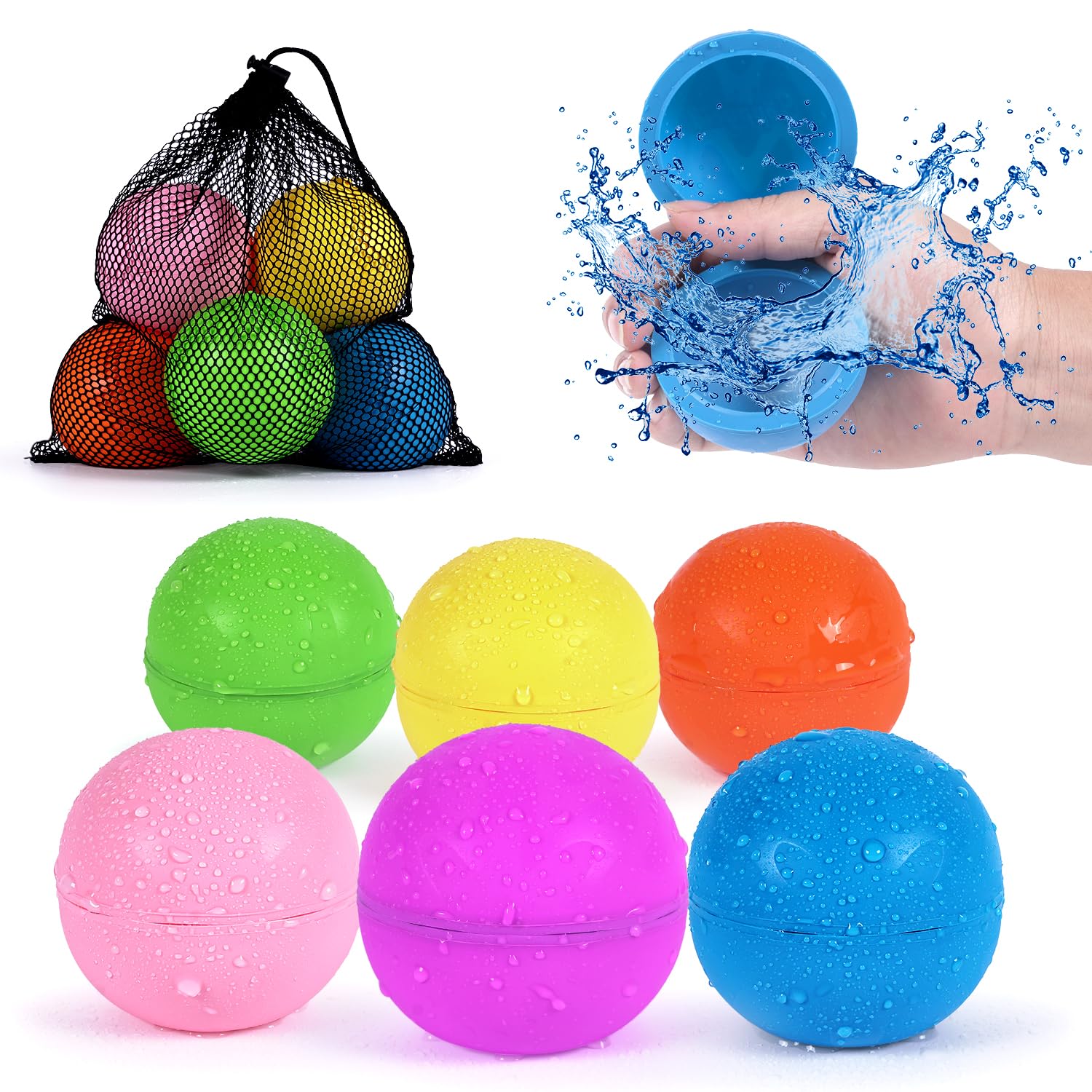 98K Reusable Water Balloons 6Pcs with Mesh Bag, Self Sealing Silicone Ball Latex-Free, No Clean Hassle, Easy to Fill, Summer Toys Water Toy Swimming Pool Beach Park Yard Outdoor Games Party Supplies
