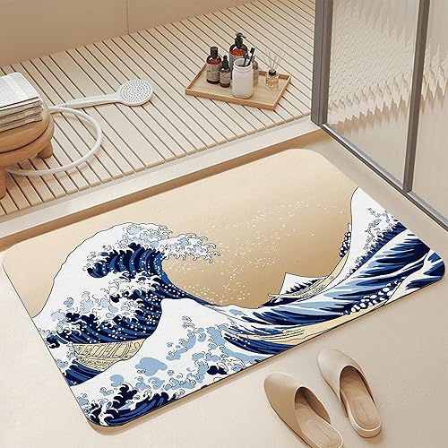 Alfombras de baño de diatomáceas, decoración de baño vintage de olas marinas, alfombra de baño japonesa retro antideslizante, de secado rápido,