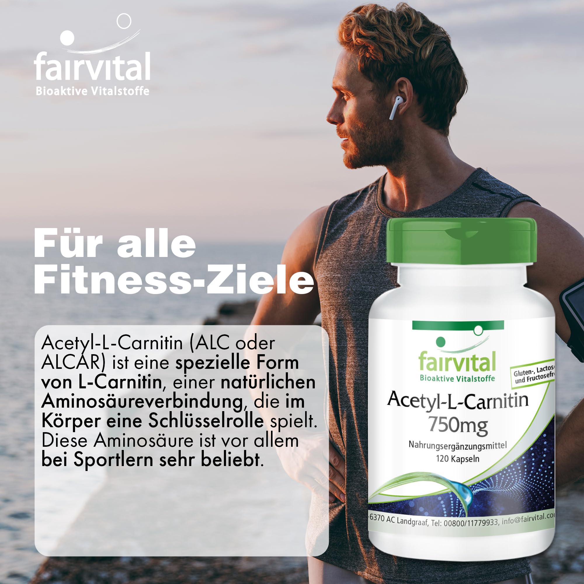 fairvital Acetyl-L-Carnitin hochdosiert, 750mg, HOCHDOSIERT, VEGAN, 120 Kapseln