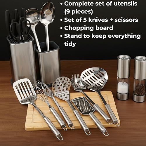 Miniatura 2 de Juego de utensilios de cocina de acero inoxidable de 17 piezas con soporte. Incluye juego de cuchillos de cocina con bloque, juego de utensilios de