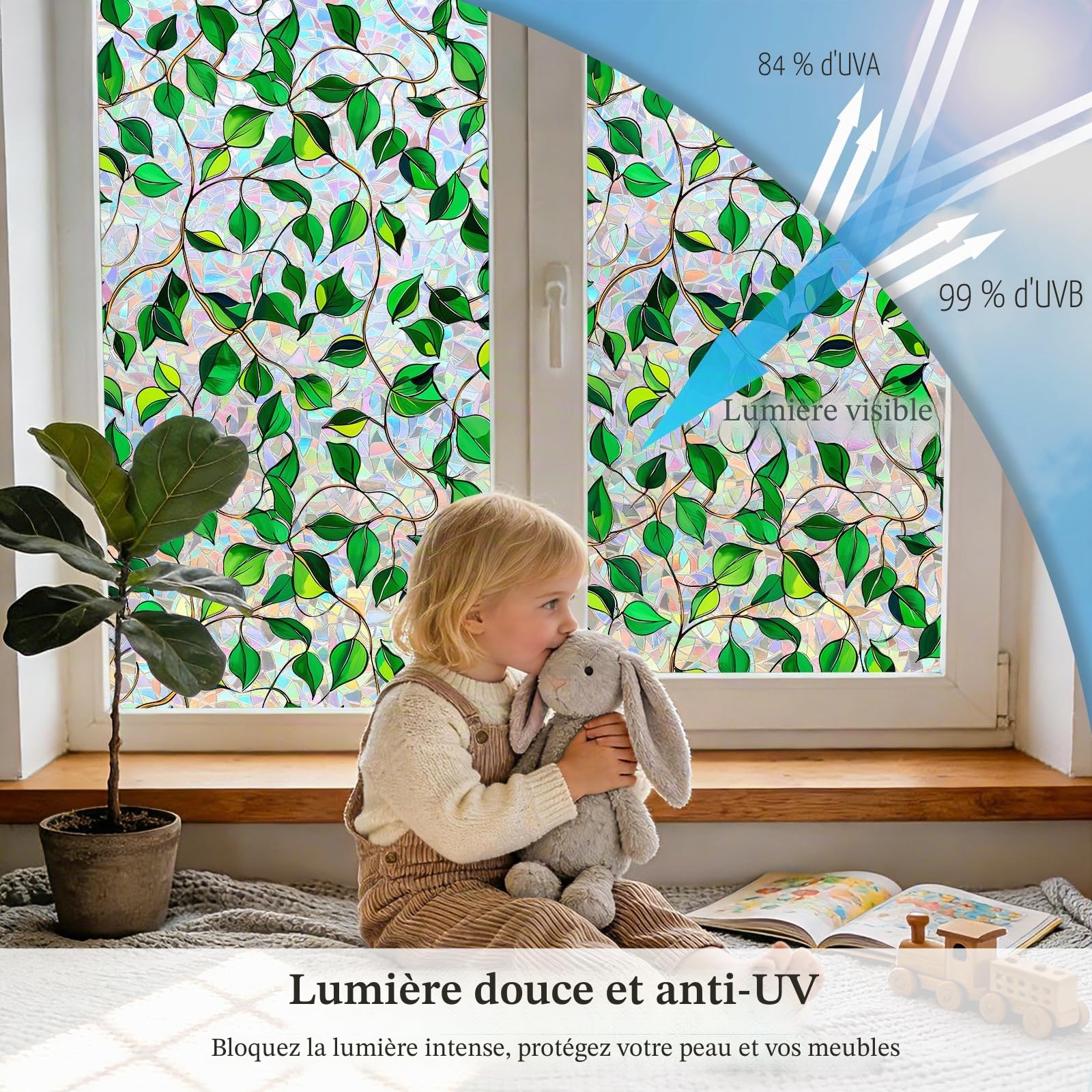 Film Fenêtre avec Effet Arc-en-Ciel, Feuilles Vertes, 90 x 400 cm | 3D Film Intimité Vitre Anti Regard Anti UV Adhérence Statique Sans Colle, Décoratif pour Salon Cuisine Bureau